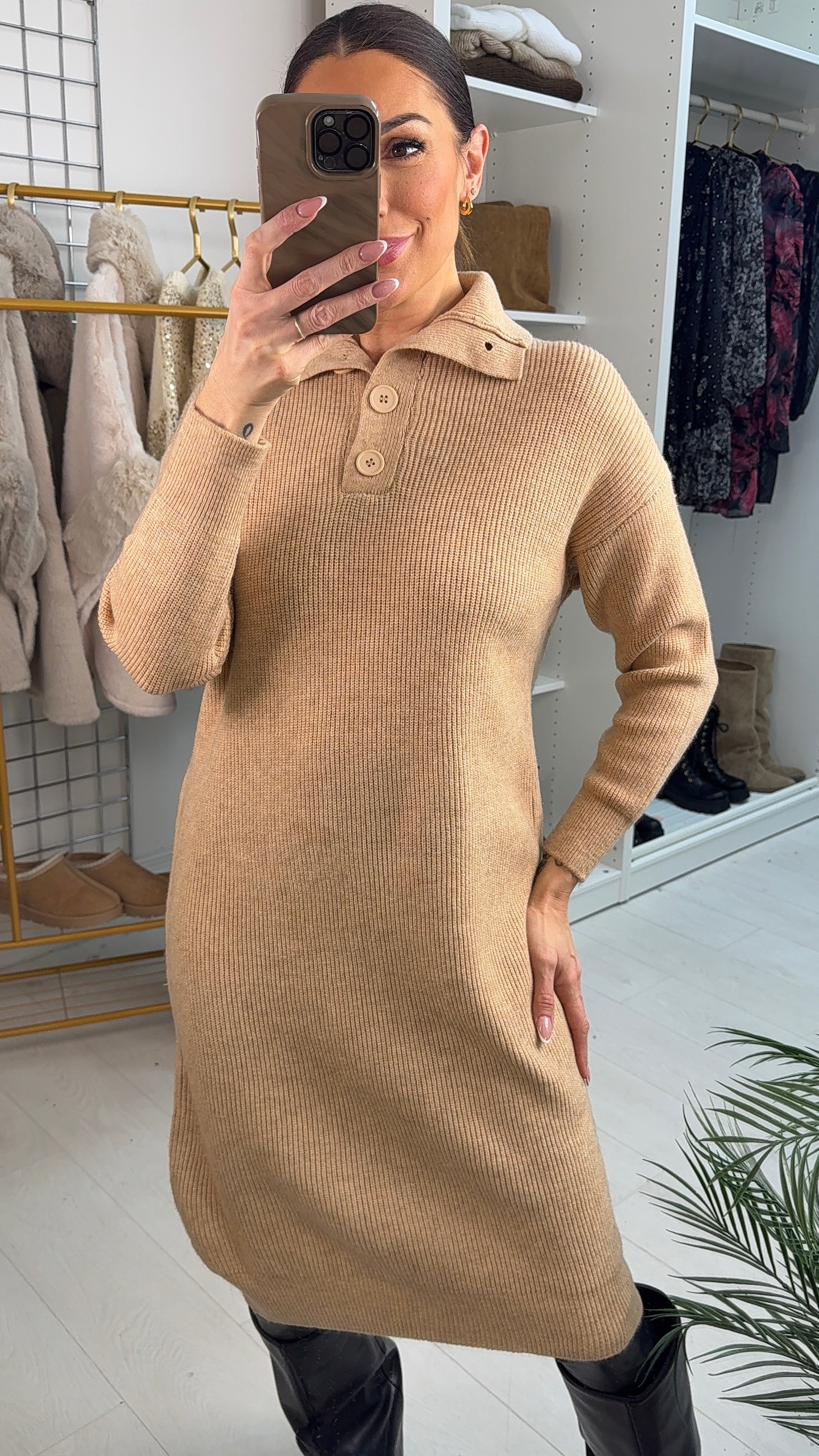 Viola High Neck Button Detail Jumper Dress