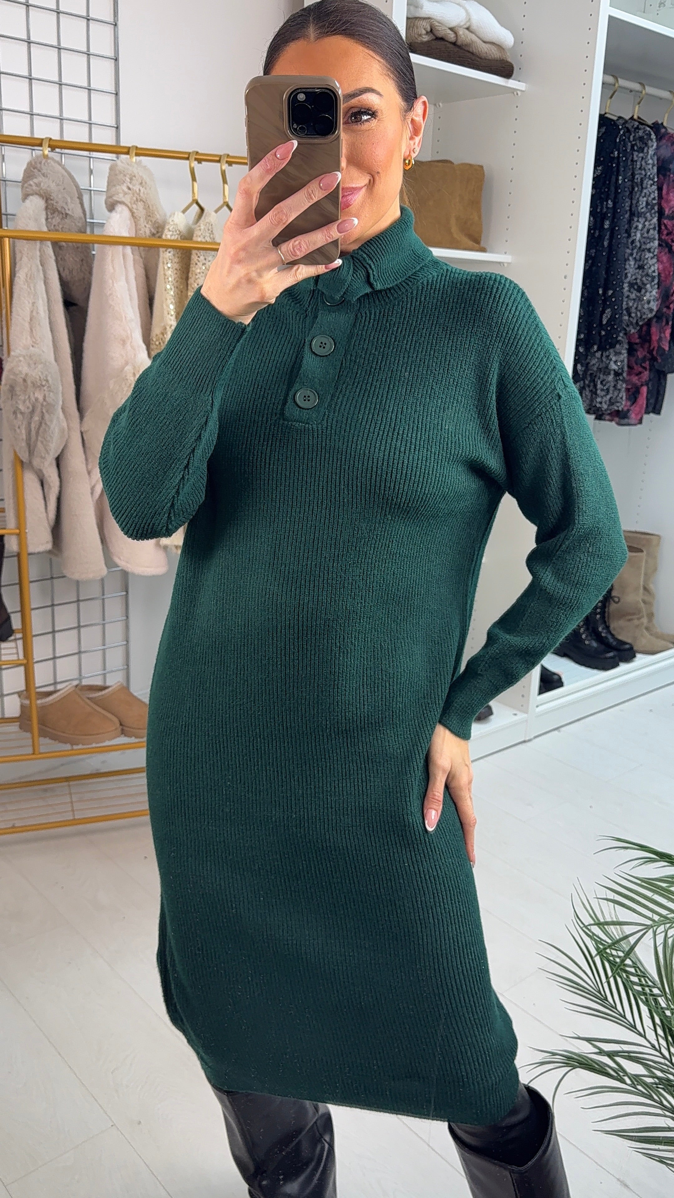 Viola High Neck Button Detail Jumper Dress