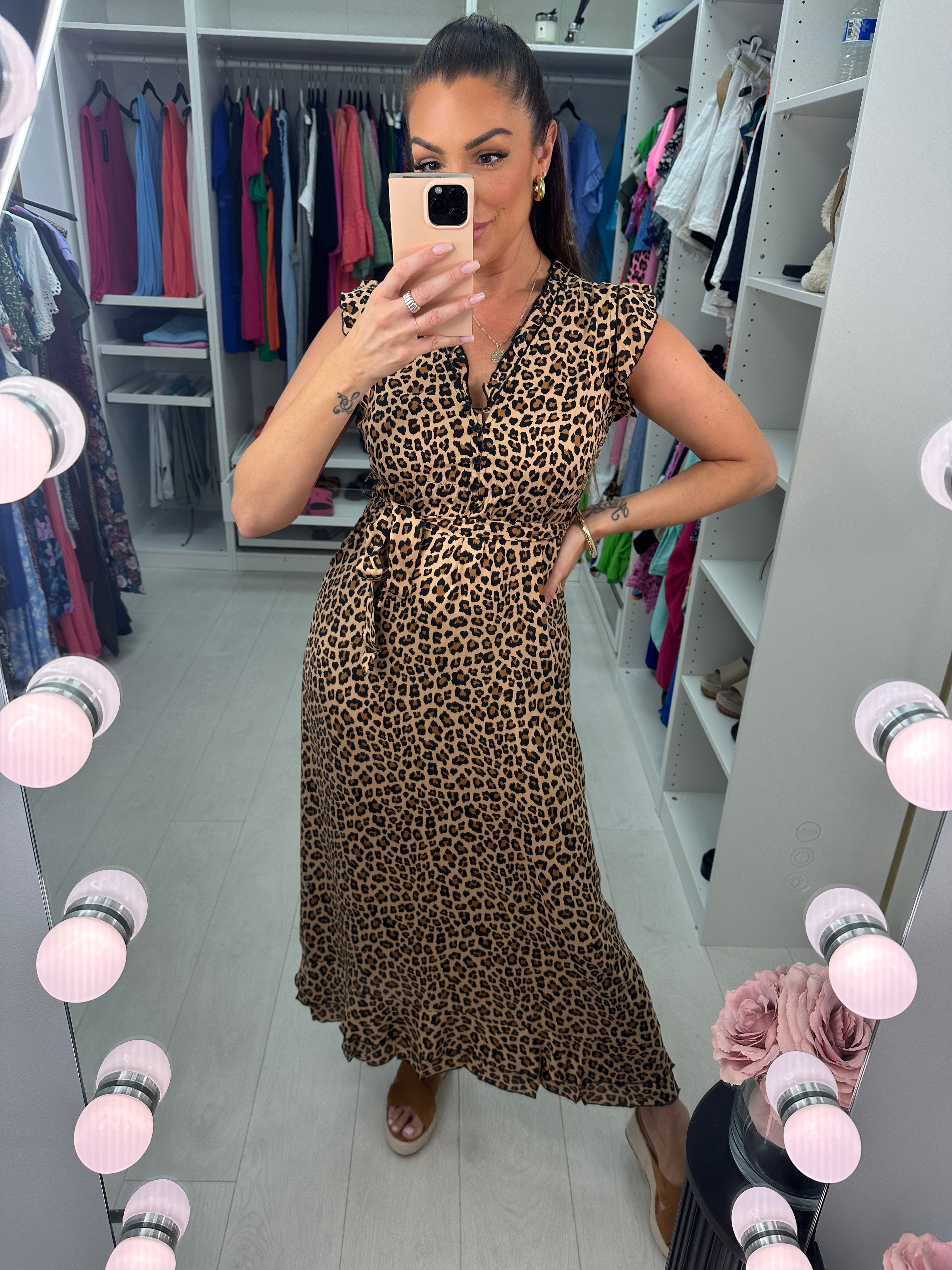 Leela Leopard Print Frill Hem Maxi Dress