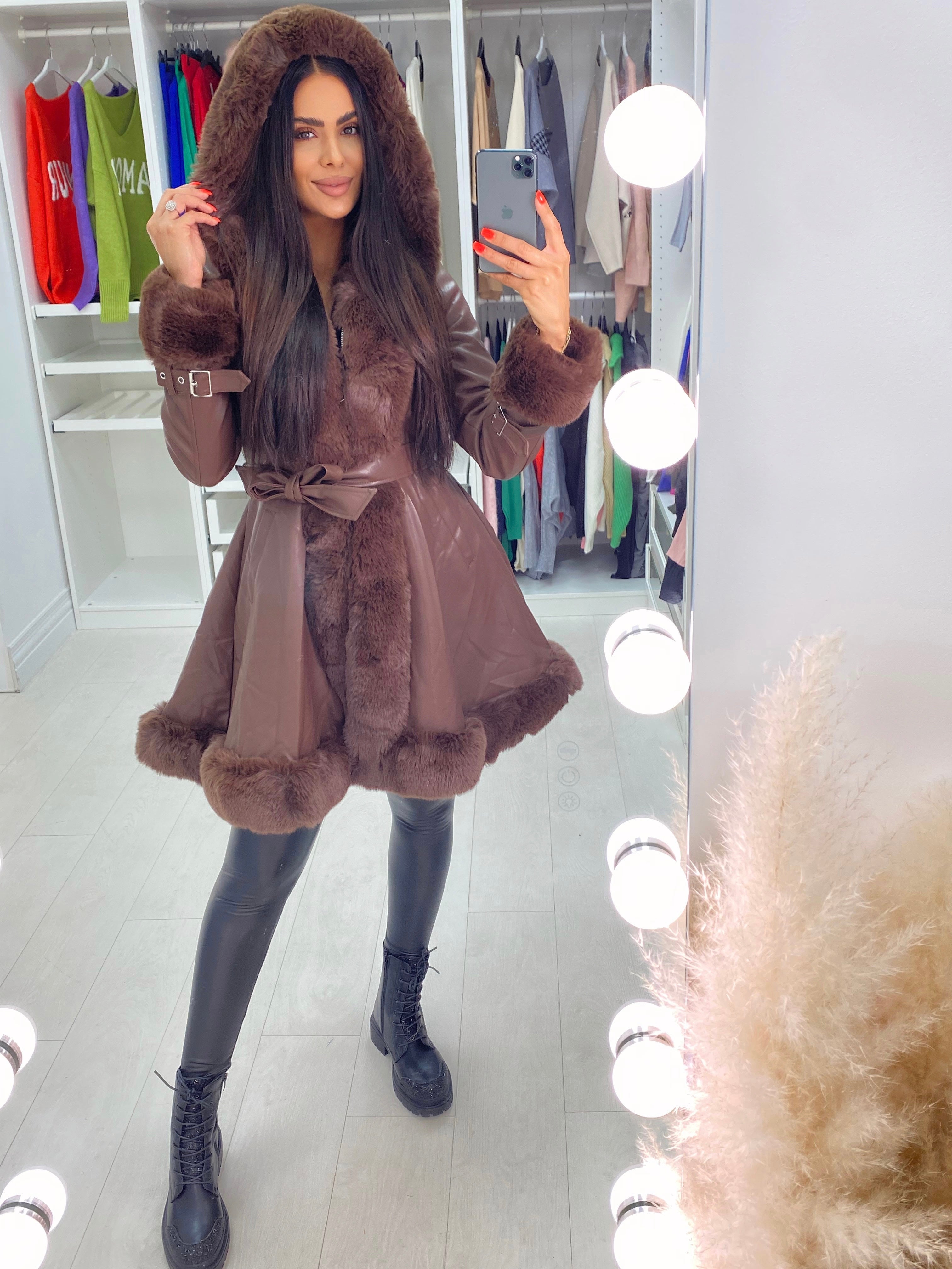 Stephanie Chocolate Faux Fur Trim Faux Leather Coat