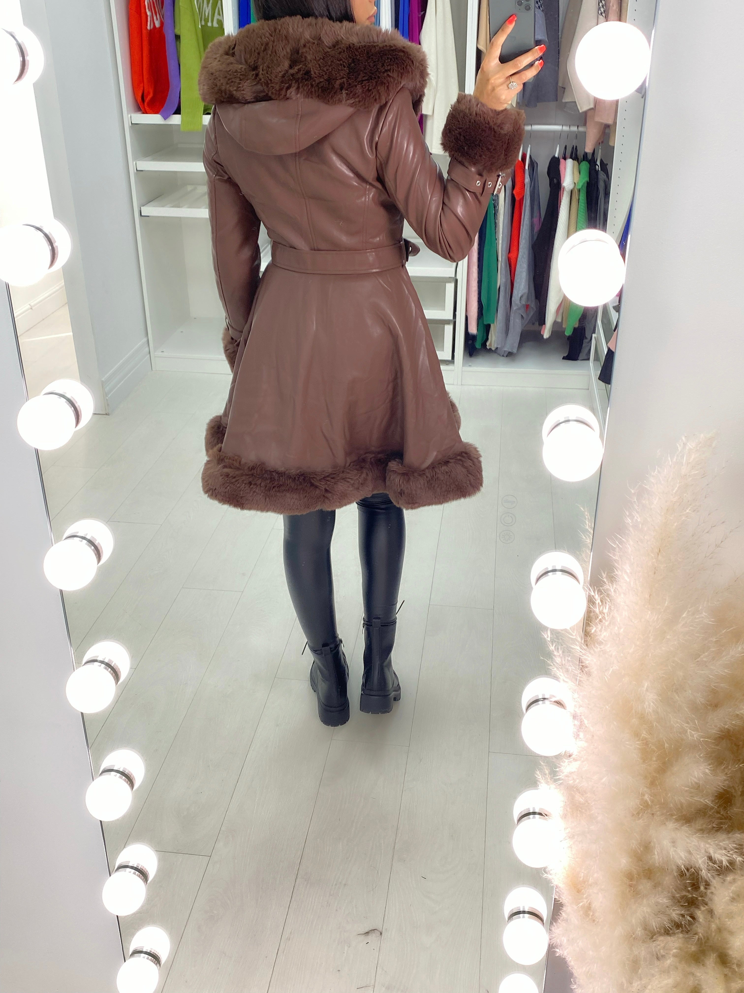 Stephanie Chocolate Faux Fur Trim Faux Leather Coat