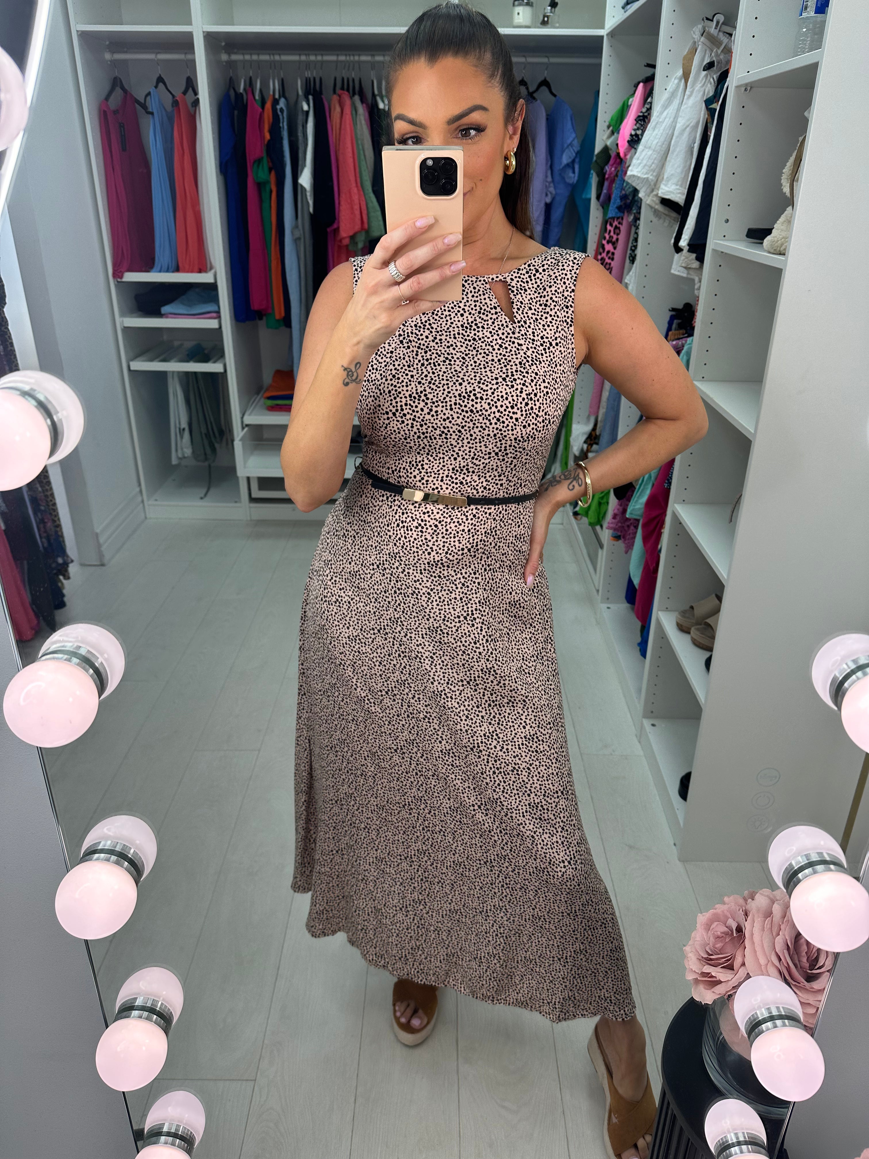 Shenner Beige Pebble Print Cut Out Dress