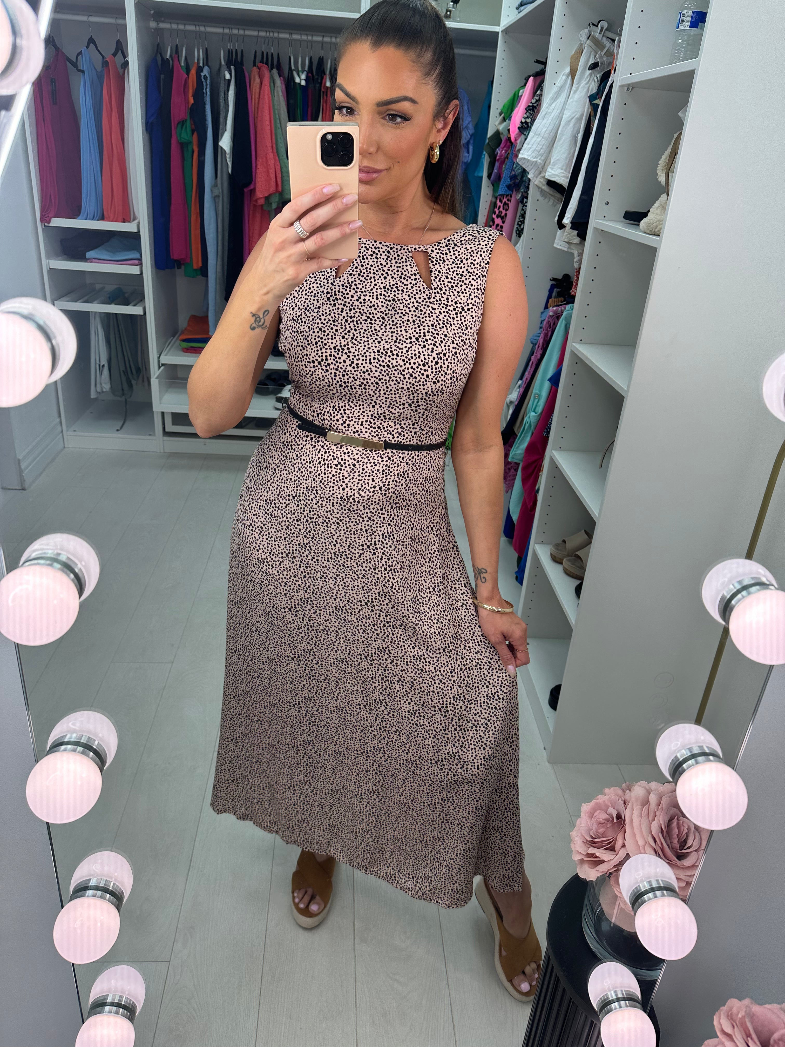 Shenner Beige Pebble Print Cut Out Dress