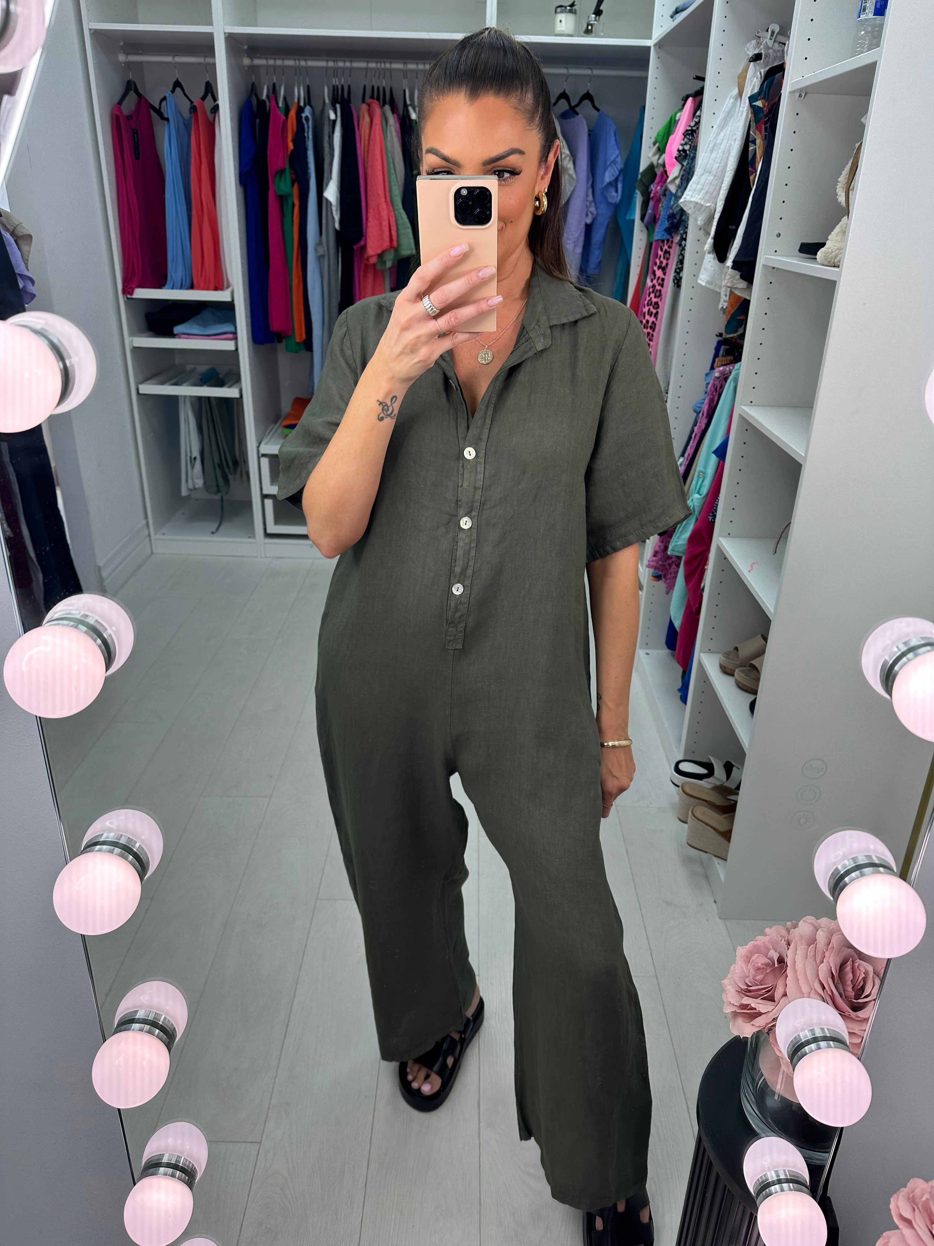 Mae Linen Button Detailed Straight Leg Jumpsuit
