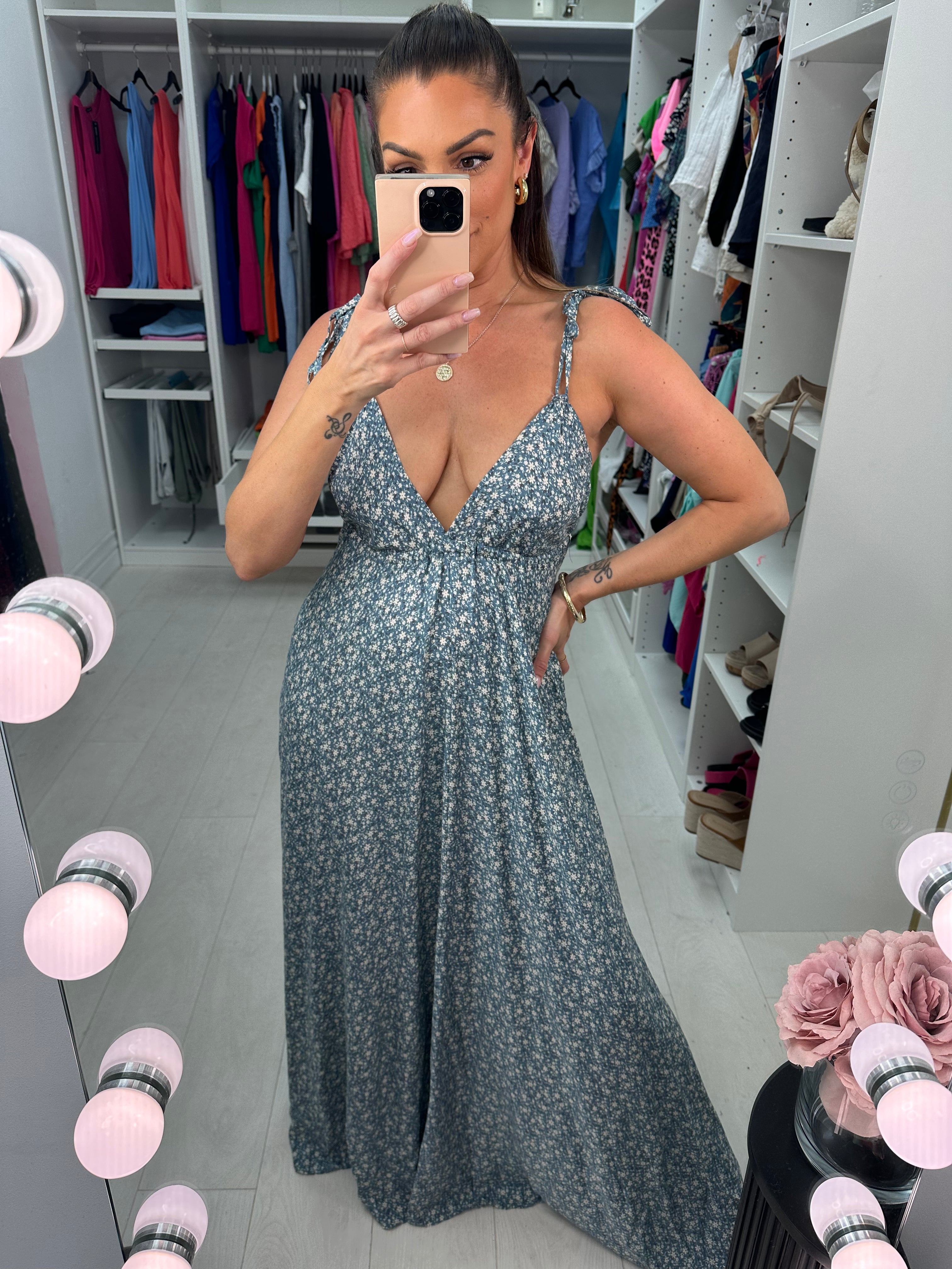 Roxanne Deep V Back Ditsy Floral Print Maxi Dress