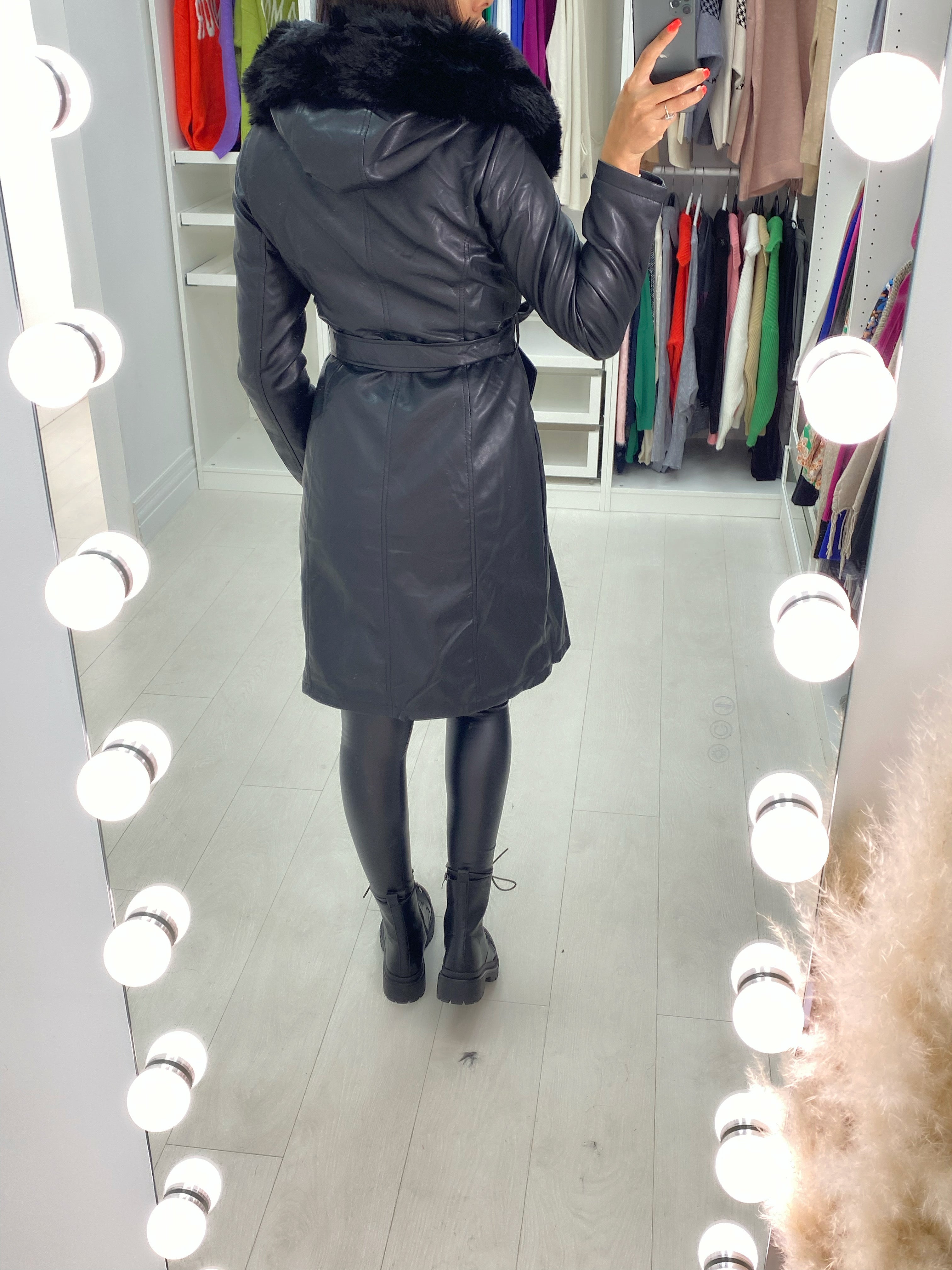 Denis Black Faux Fur Hooded Belted Coat