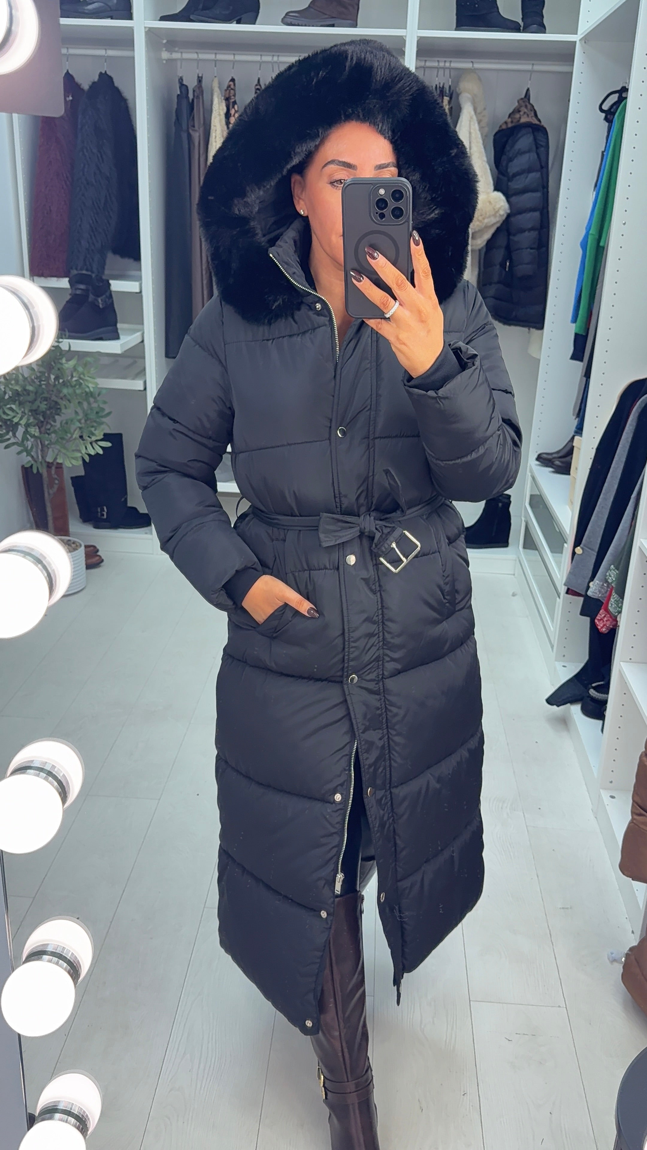 Ceri Padded Faux Fur Hooded Longline Coat