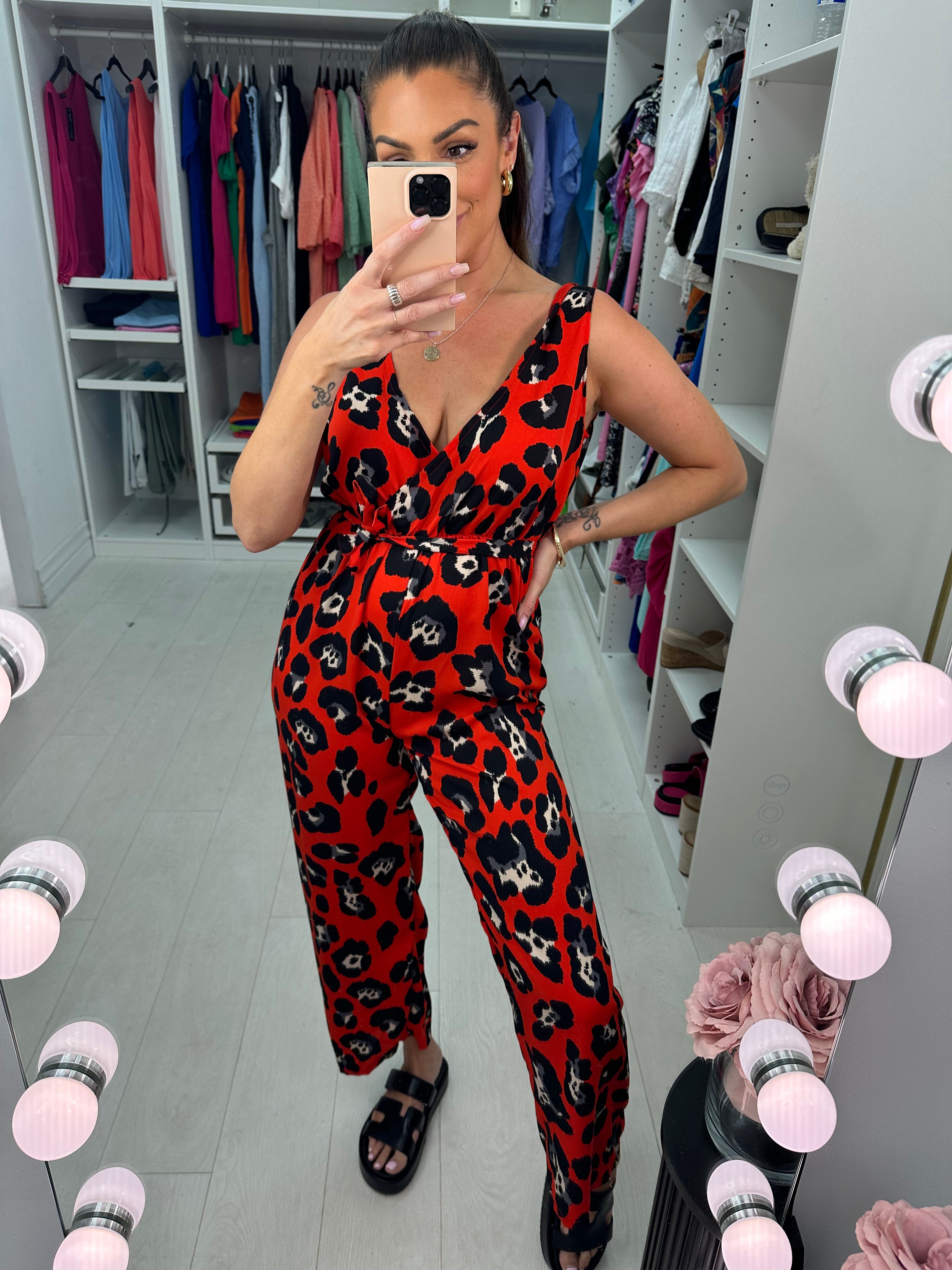 Linnea Red Animal Print Wrap Front Wide Leg Jumpsuit