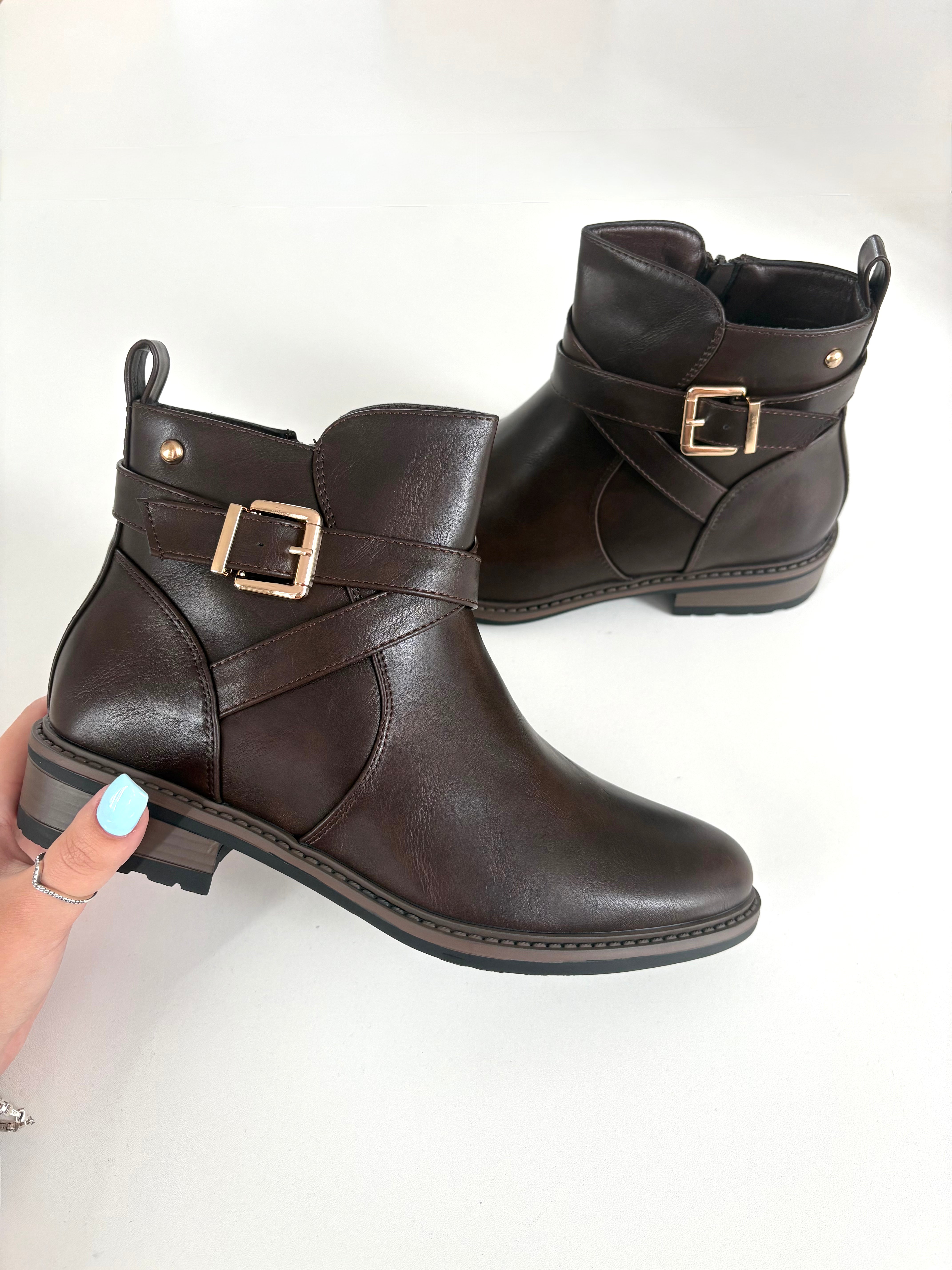 Lucelle Buckle Detail Faux Leather Ankle Boots