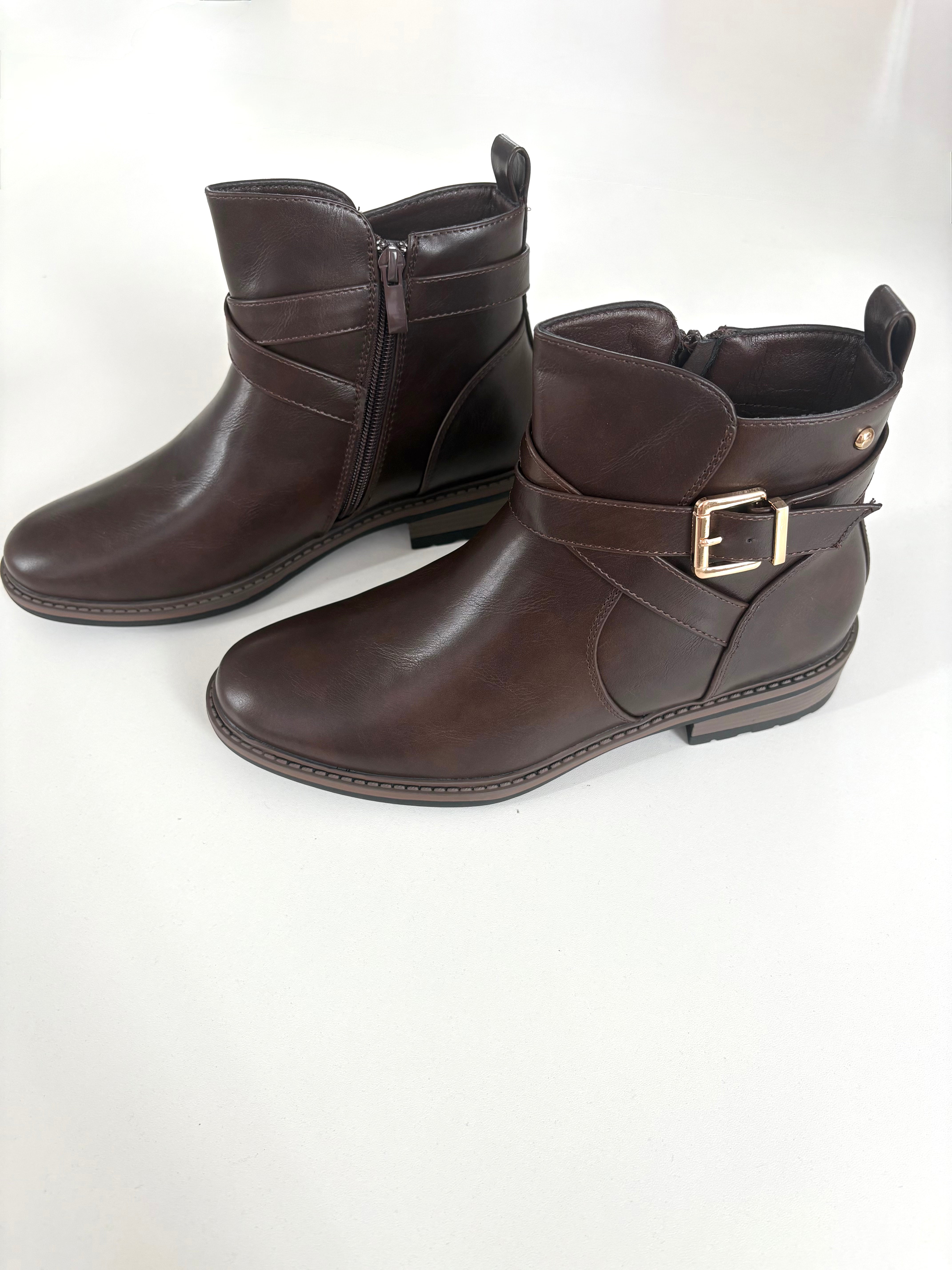 Lucelle Buckle Detail Faux Leather Ankle Boots