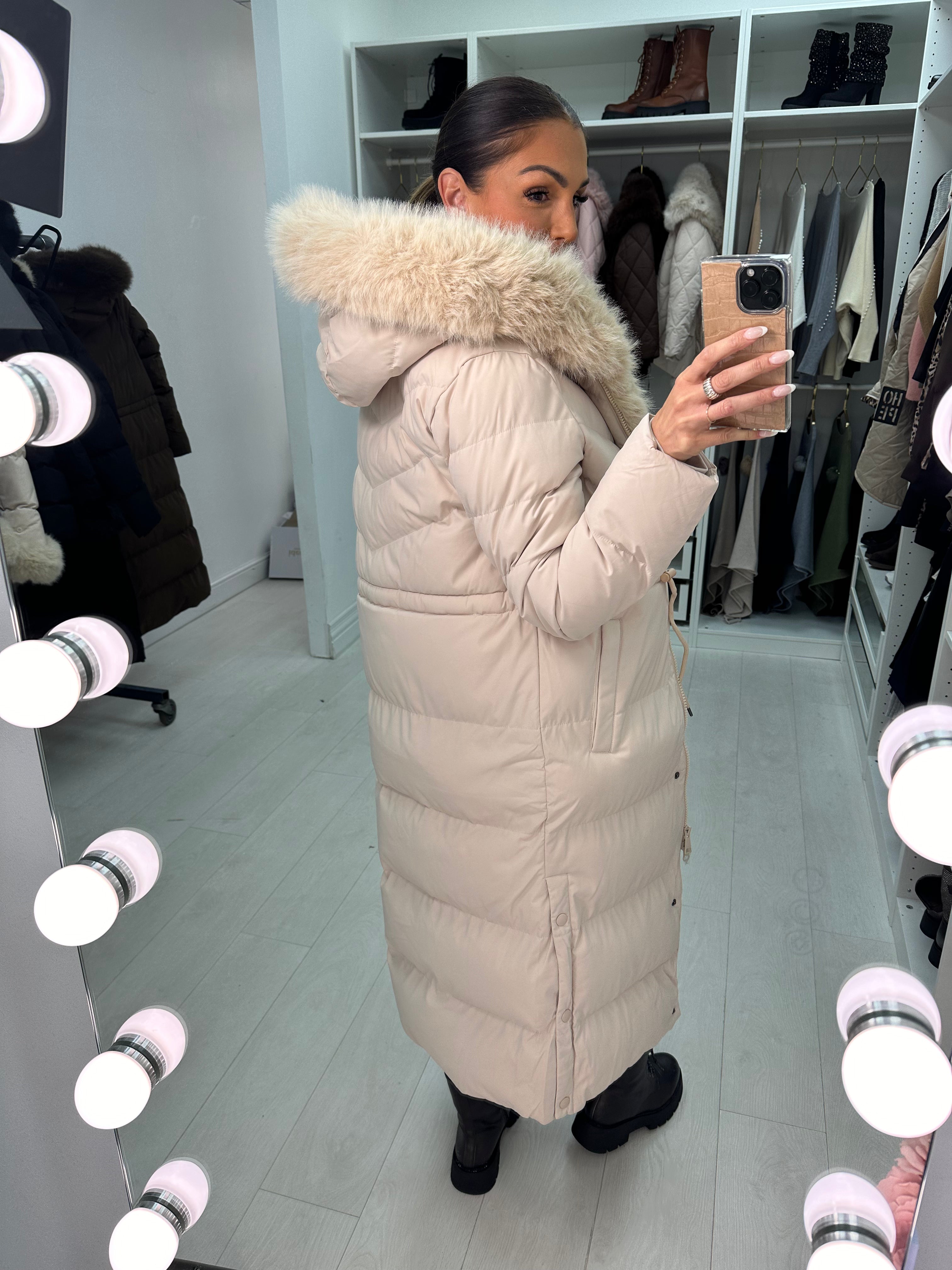 Alberta Beige Padded Faux Fur Hooded Coat