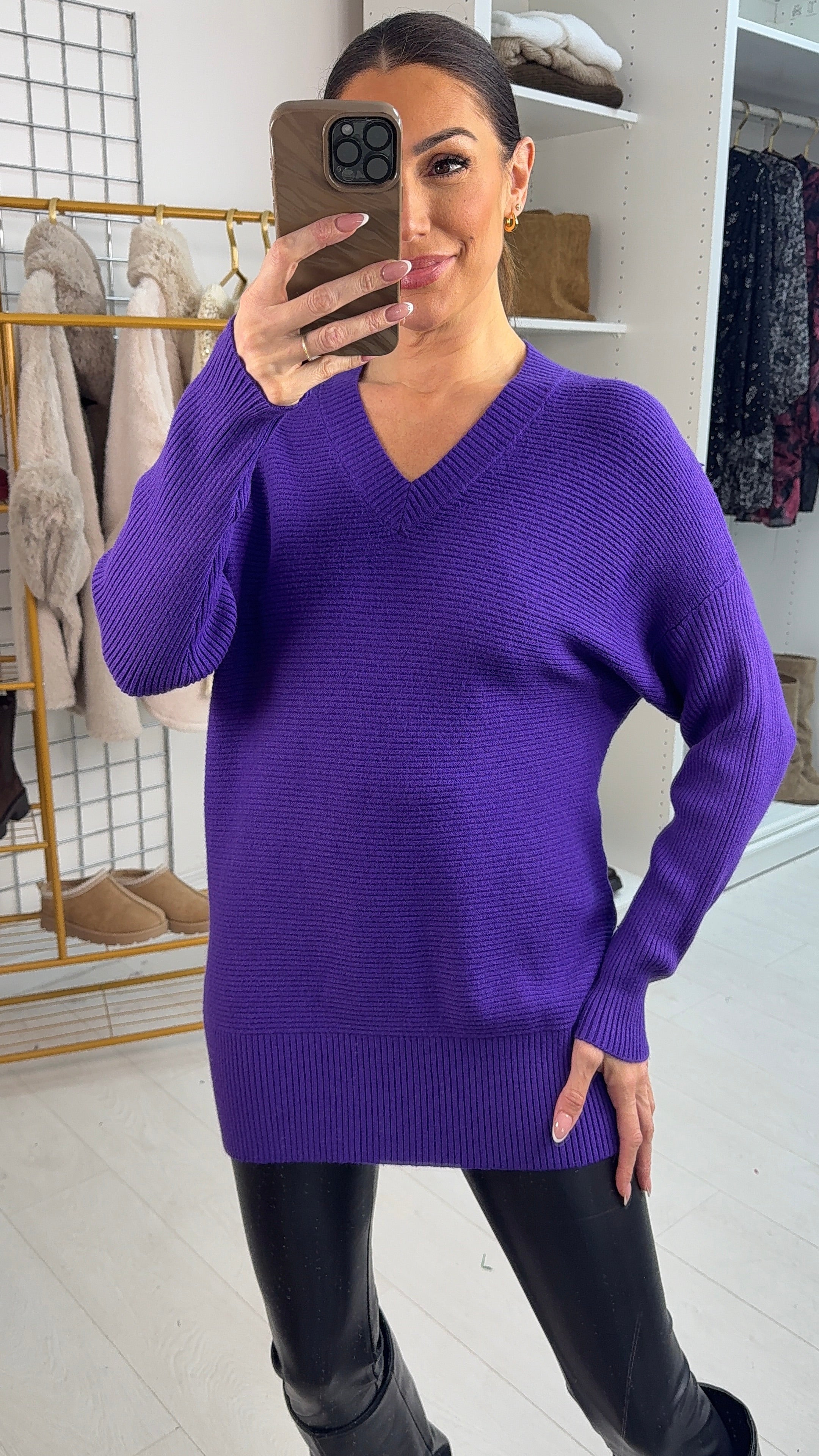 Michela Ribbed Plain V Neck Knit Jumper