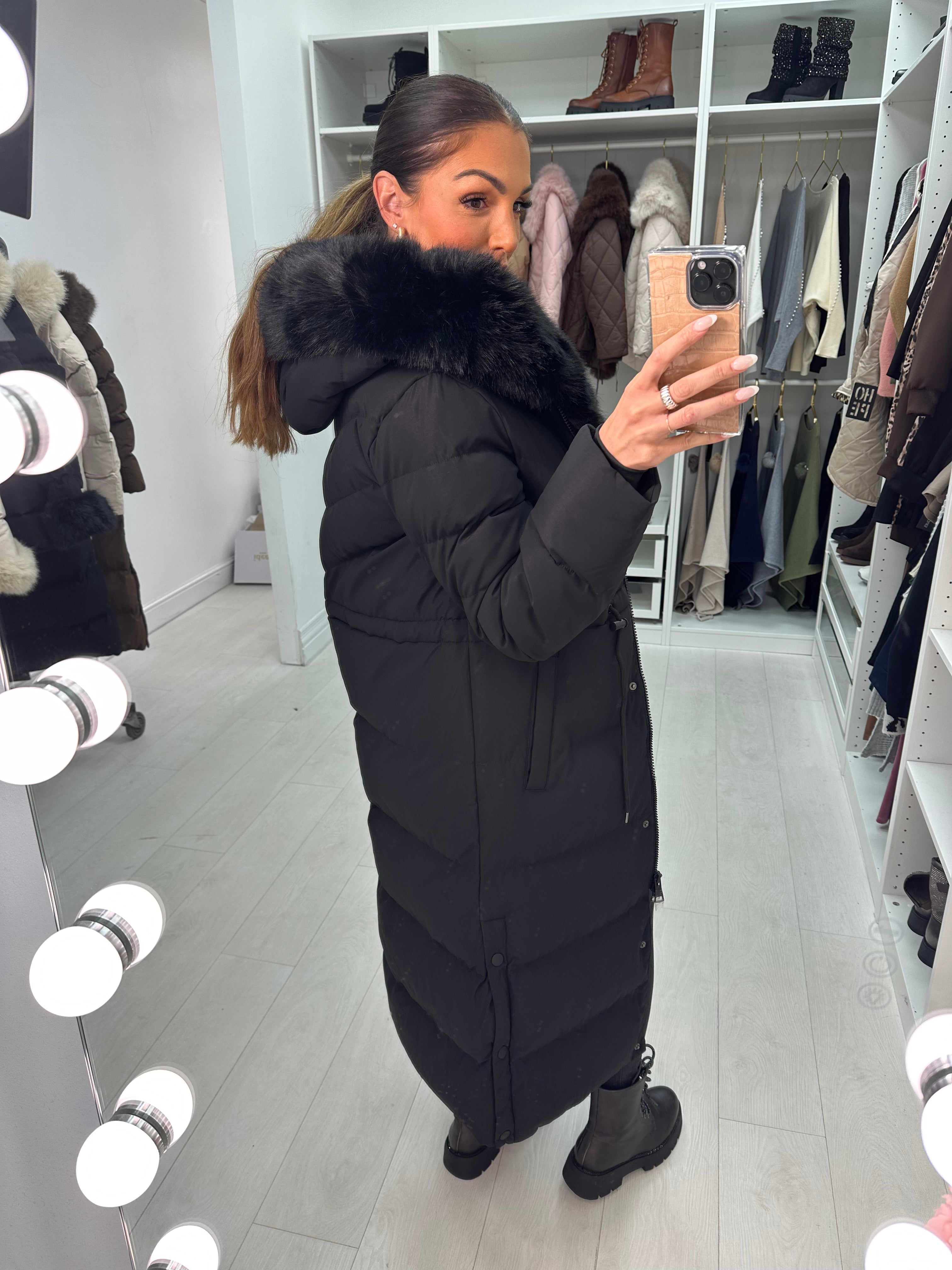Alberta Black Padded Faux Fur Hooded Coat