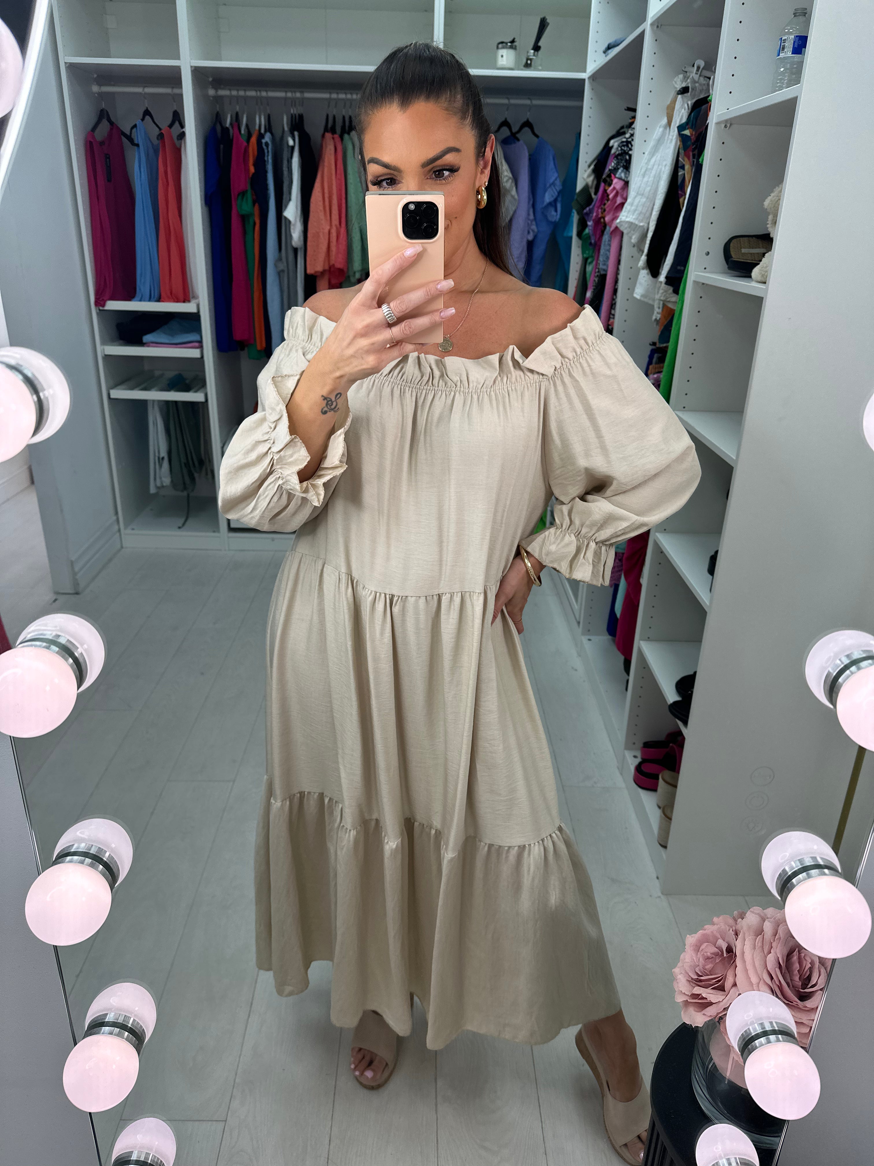 Jenson Elasticated Bardot Tiered Hem Maxi Dress