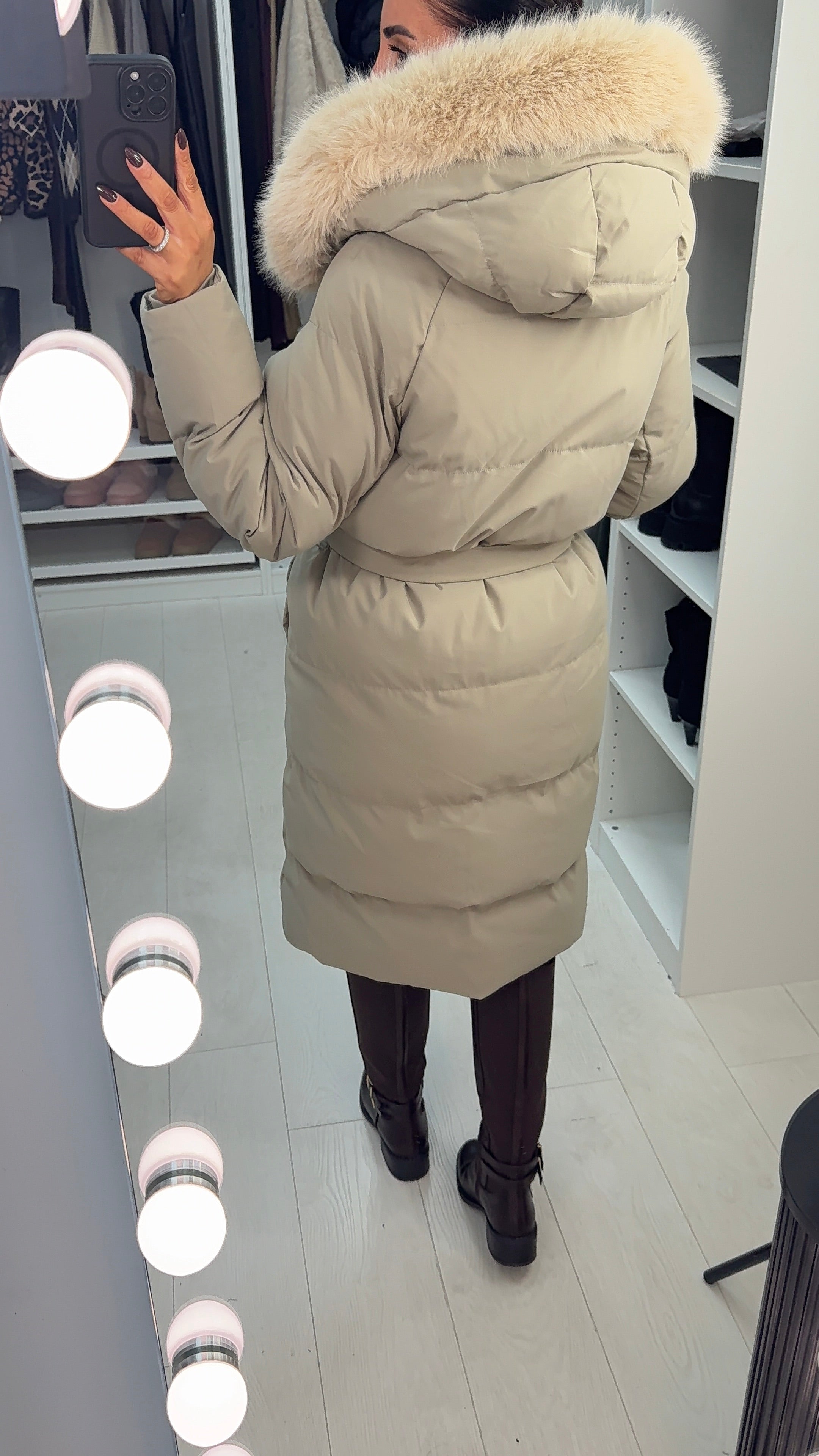 River Faux Fur Hooded Belted Longline Coat