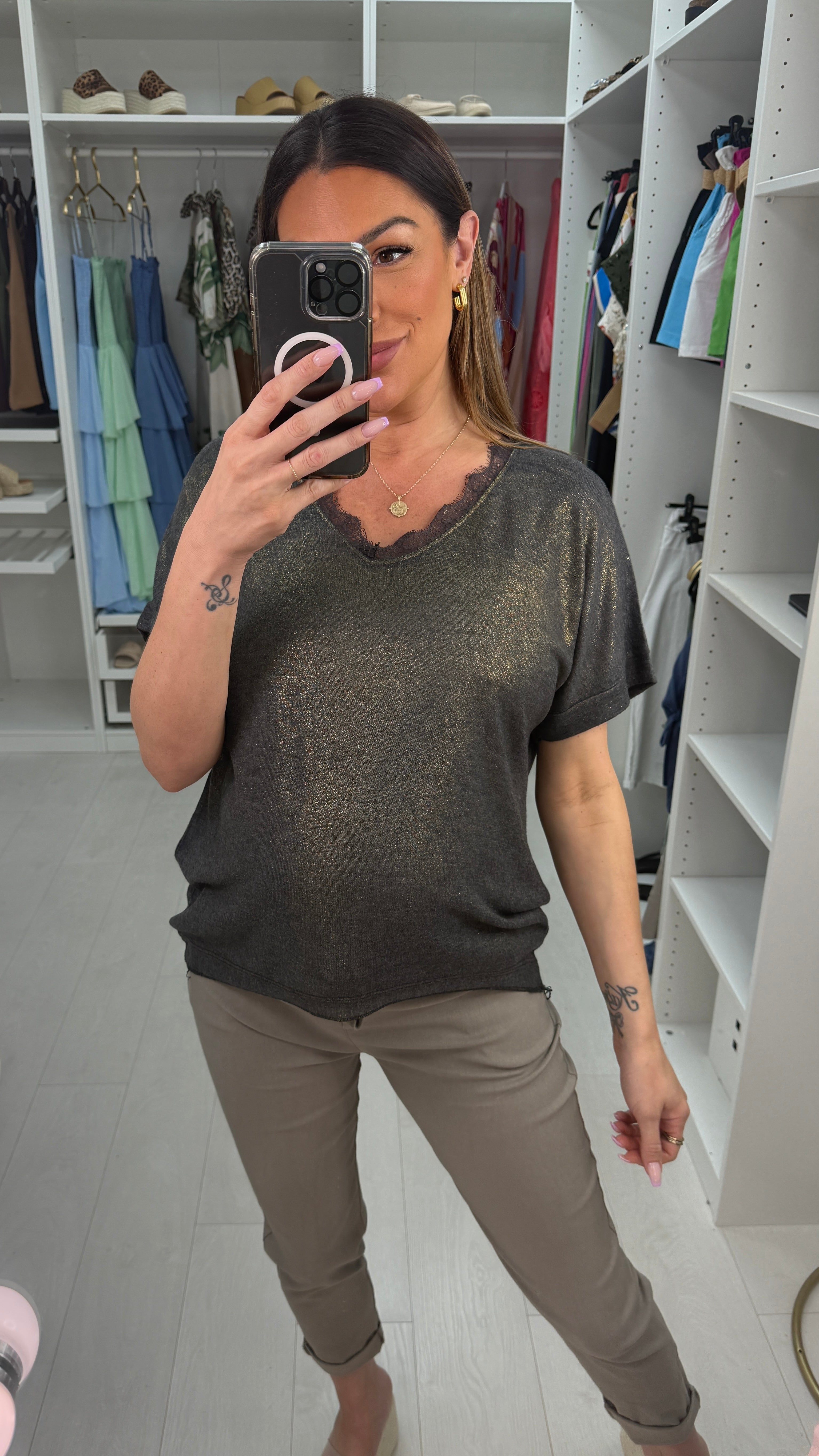 Camryn Plain Lace Detail Lurex T-Shirt