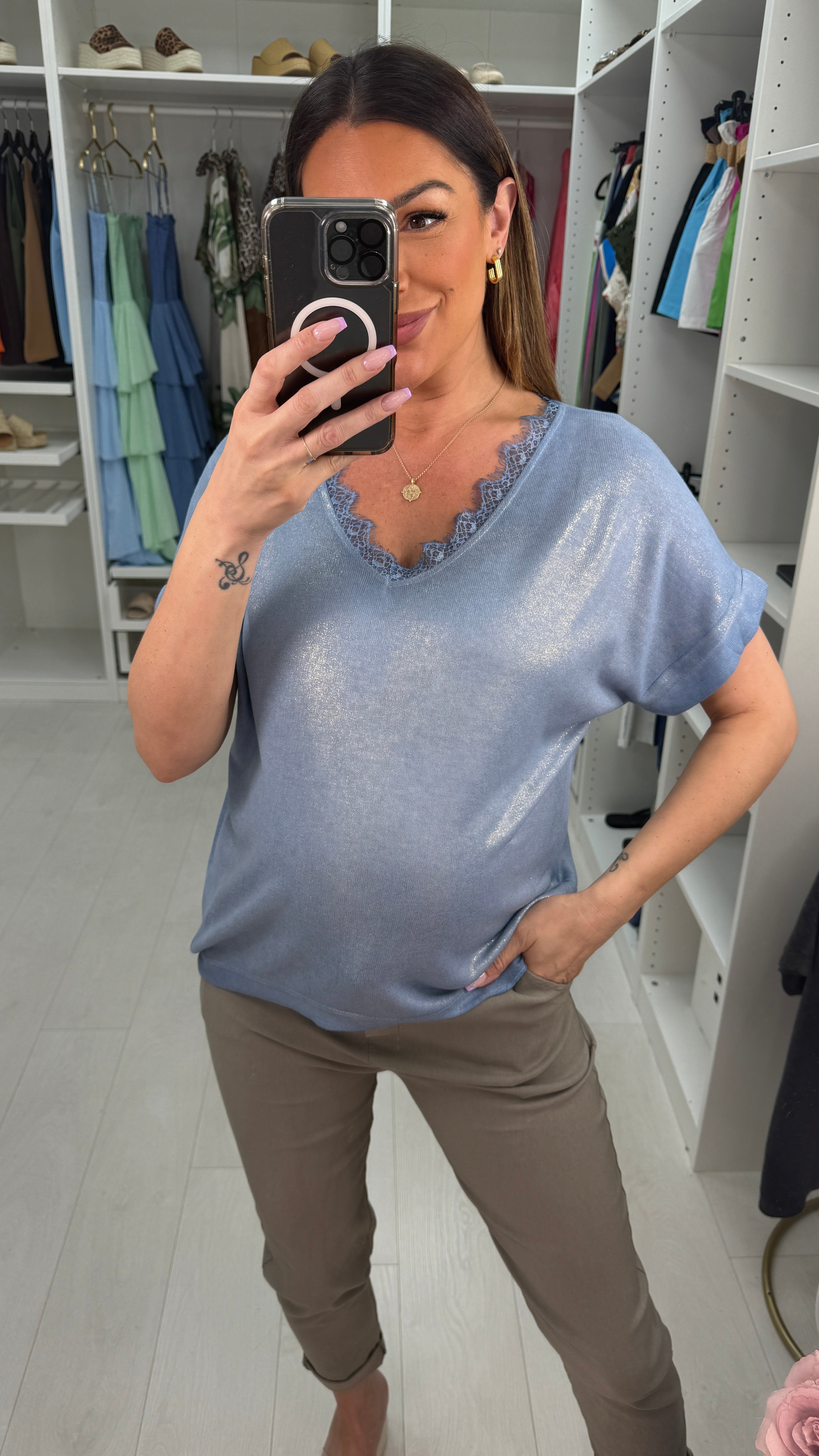 Camryn Plain Lace Detail Lurex T-Shirt