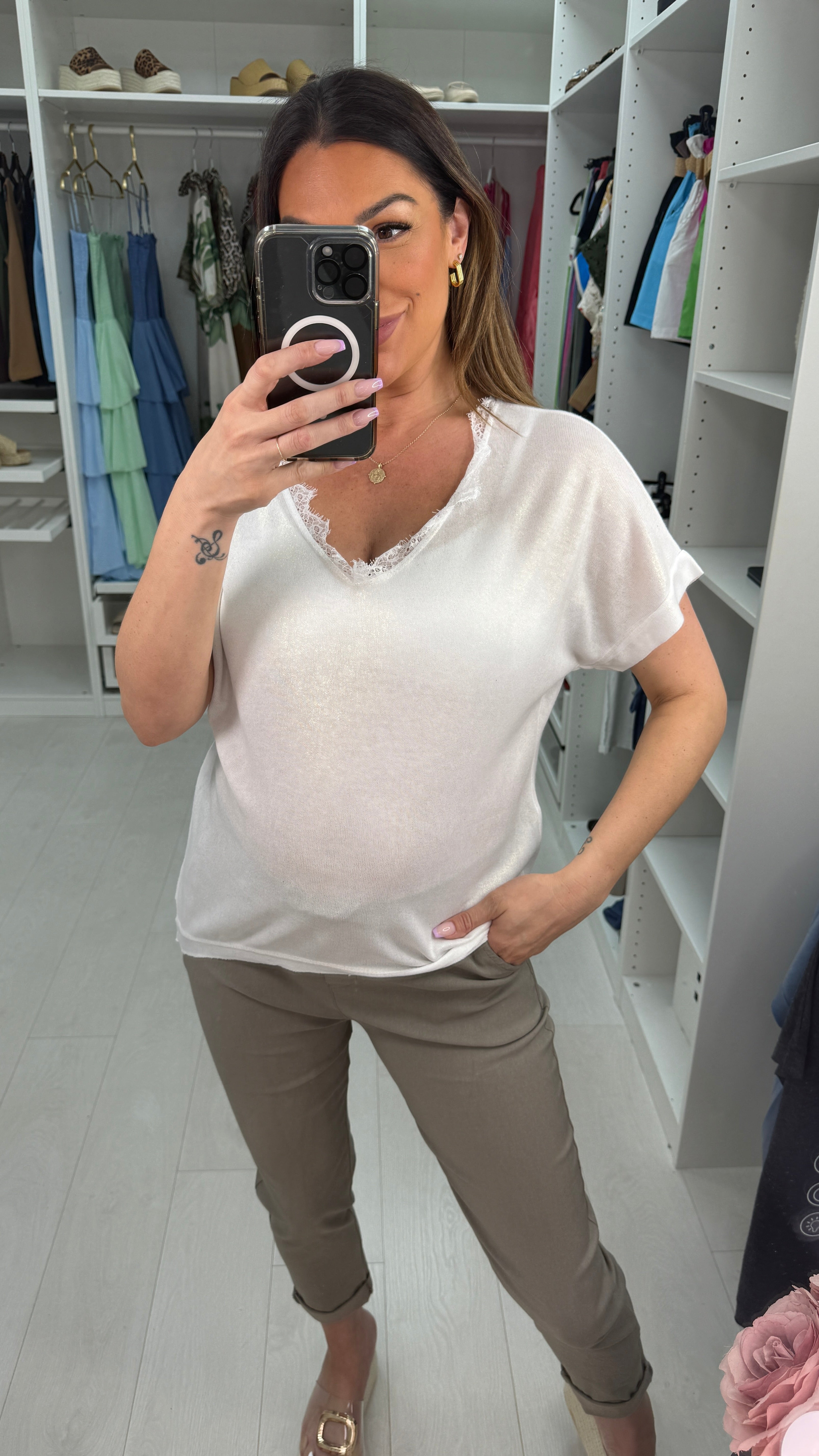 Camryn Plain Lace Detail Lurex T-Shirt