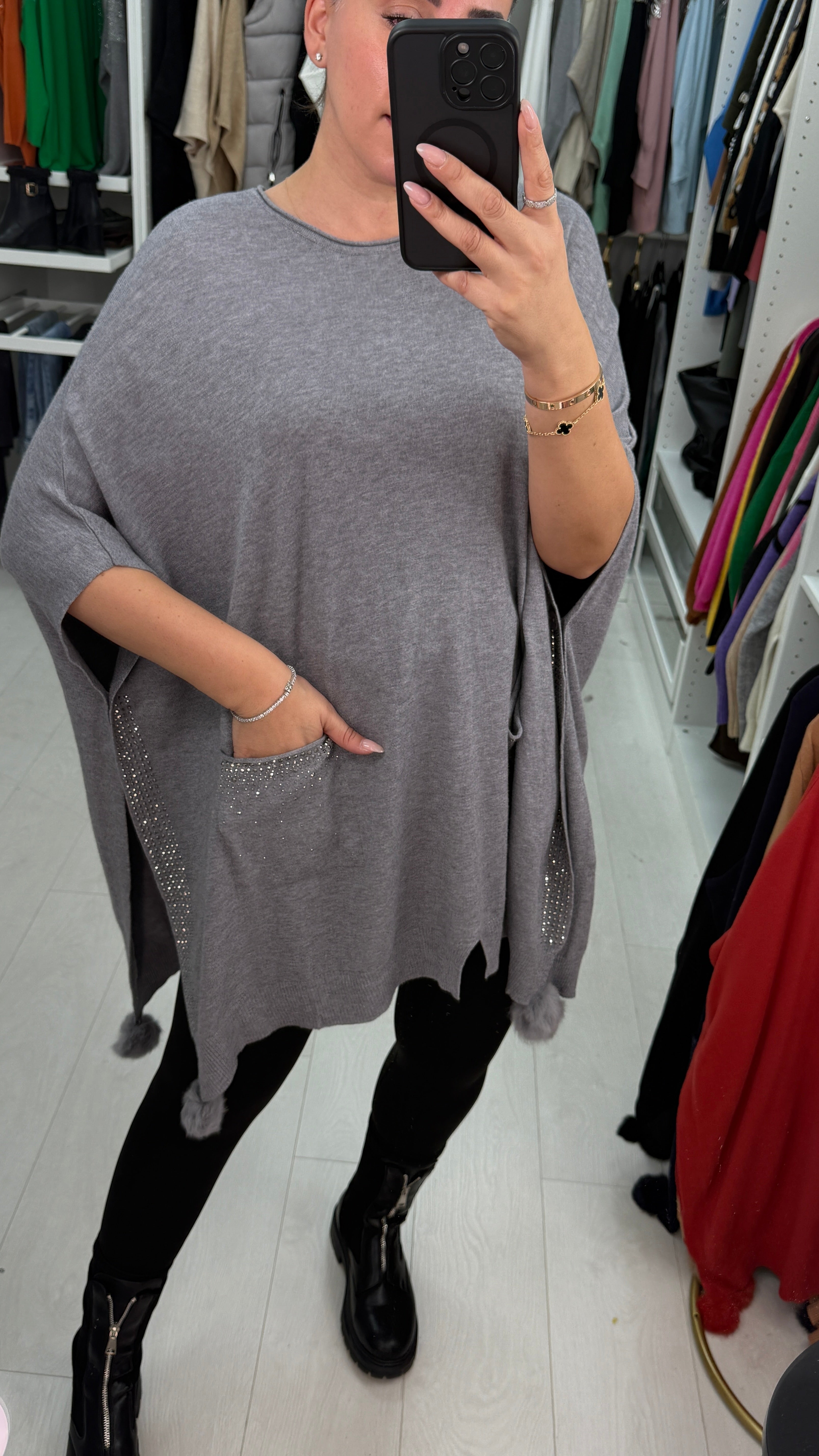 Fauna Plain Diamante Detail Poncho Jumper