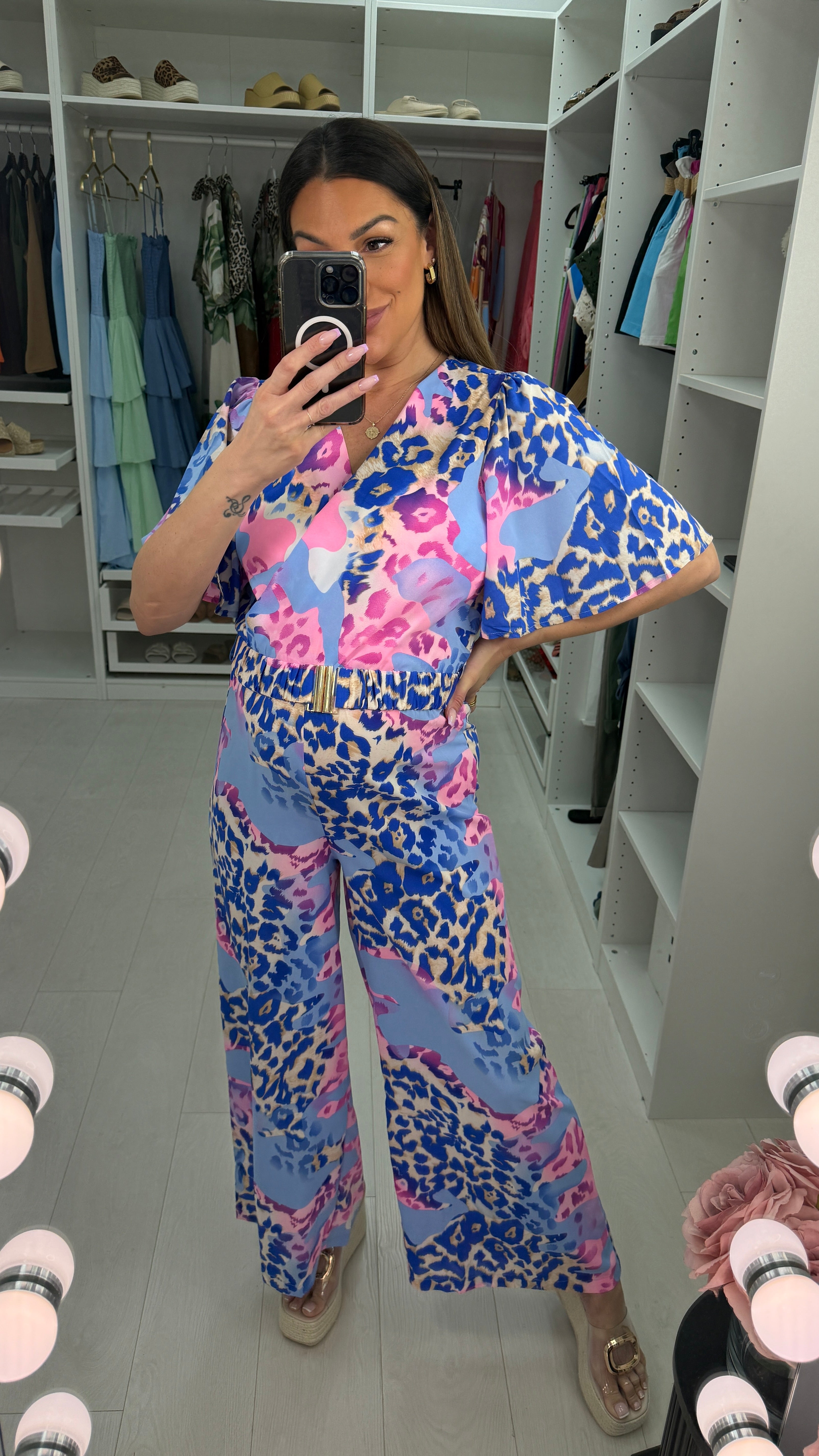 Carina Animal Print V Neck Wide Leg Belted Jumpsuit