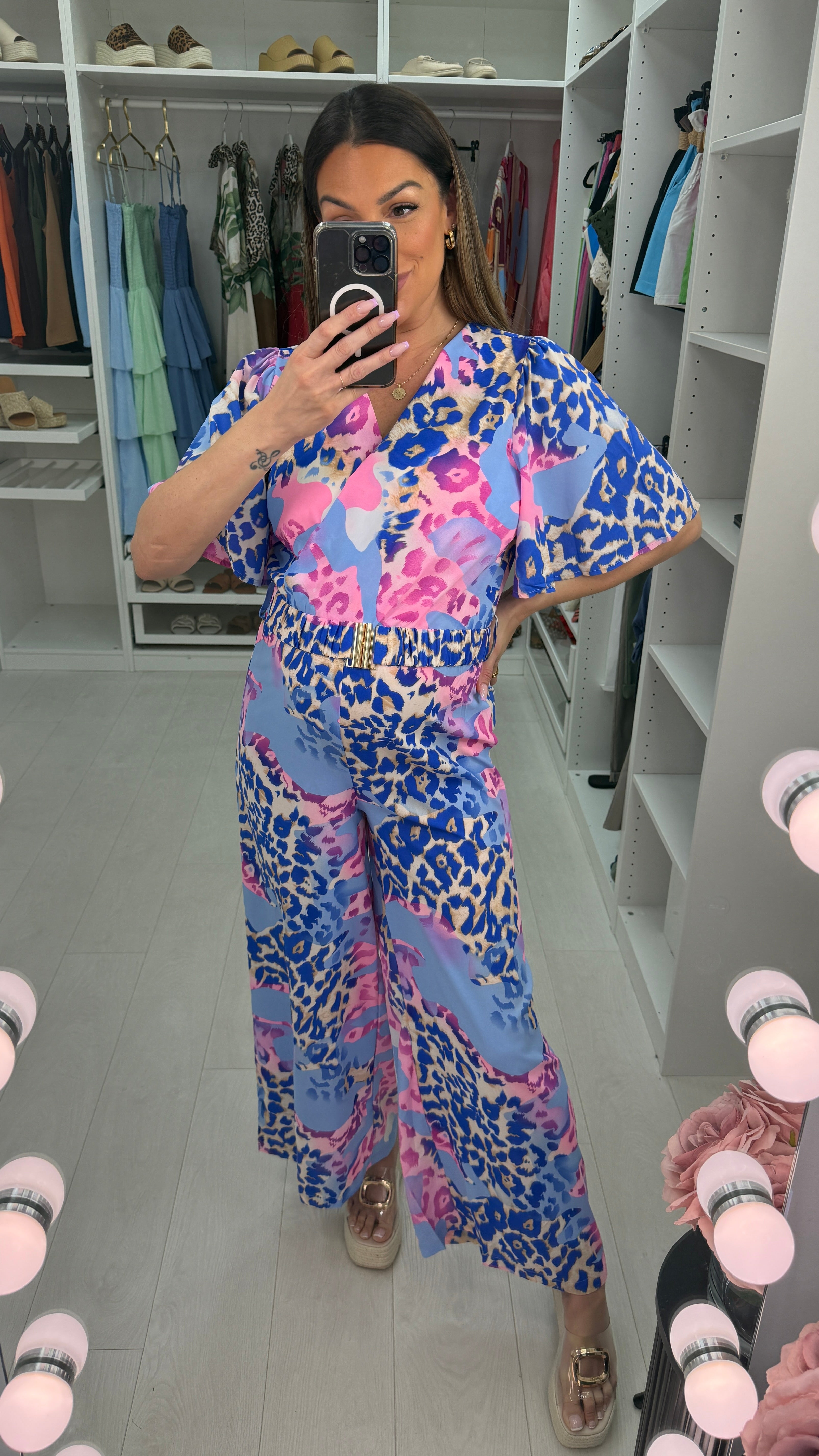 Carina Animal Print V Neck Wide Leg Belted Jumpsuit