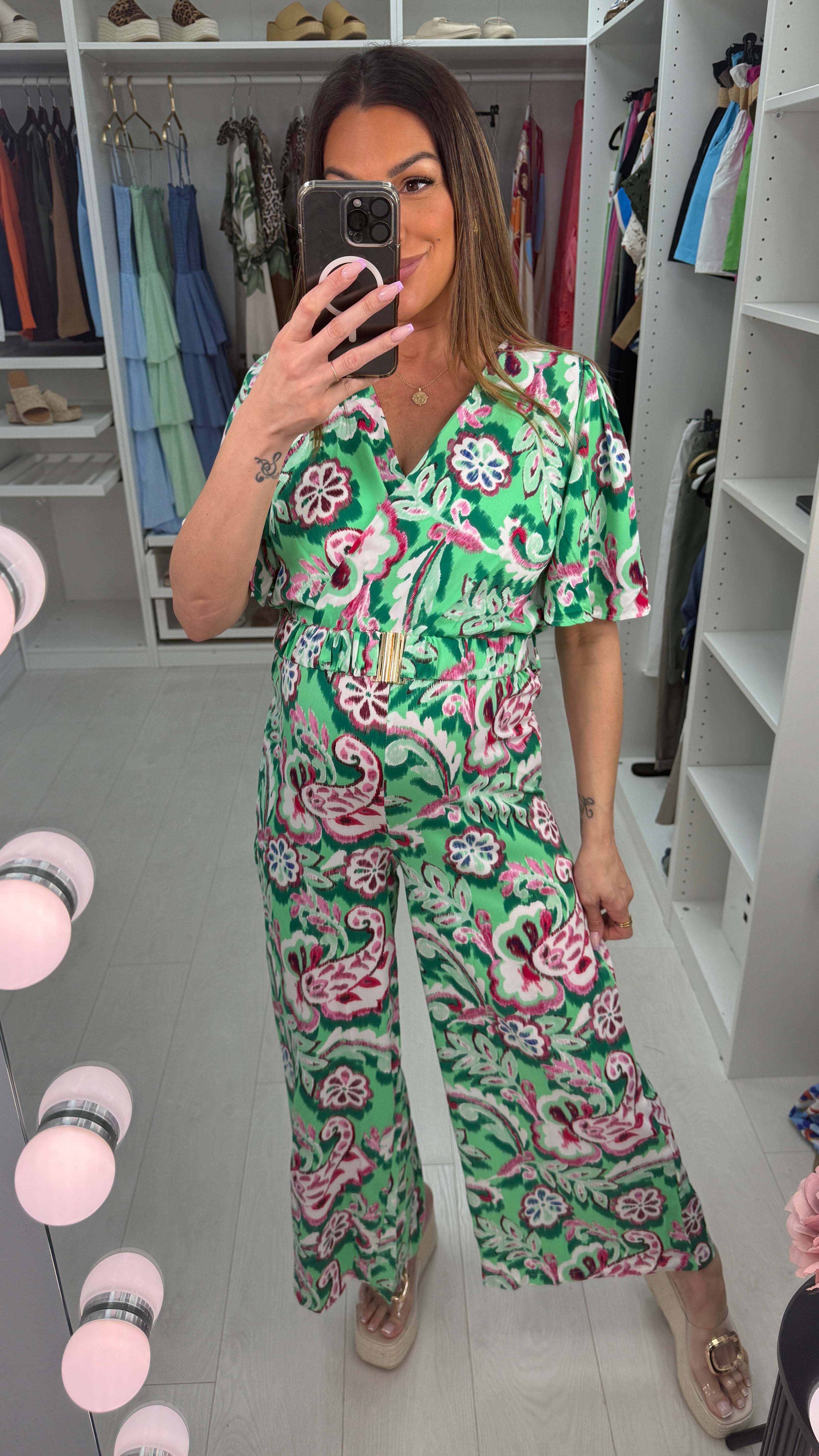 Dakota Floral Print V Neck Wide Leg Belted Jumpsuit