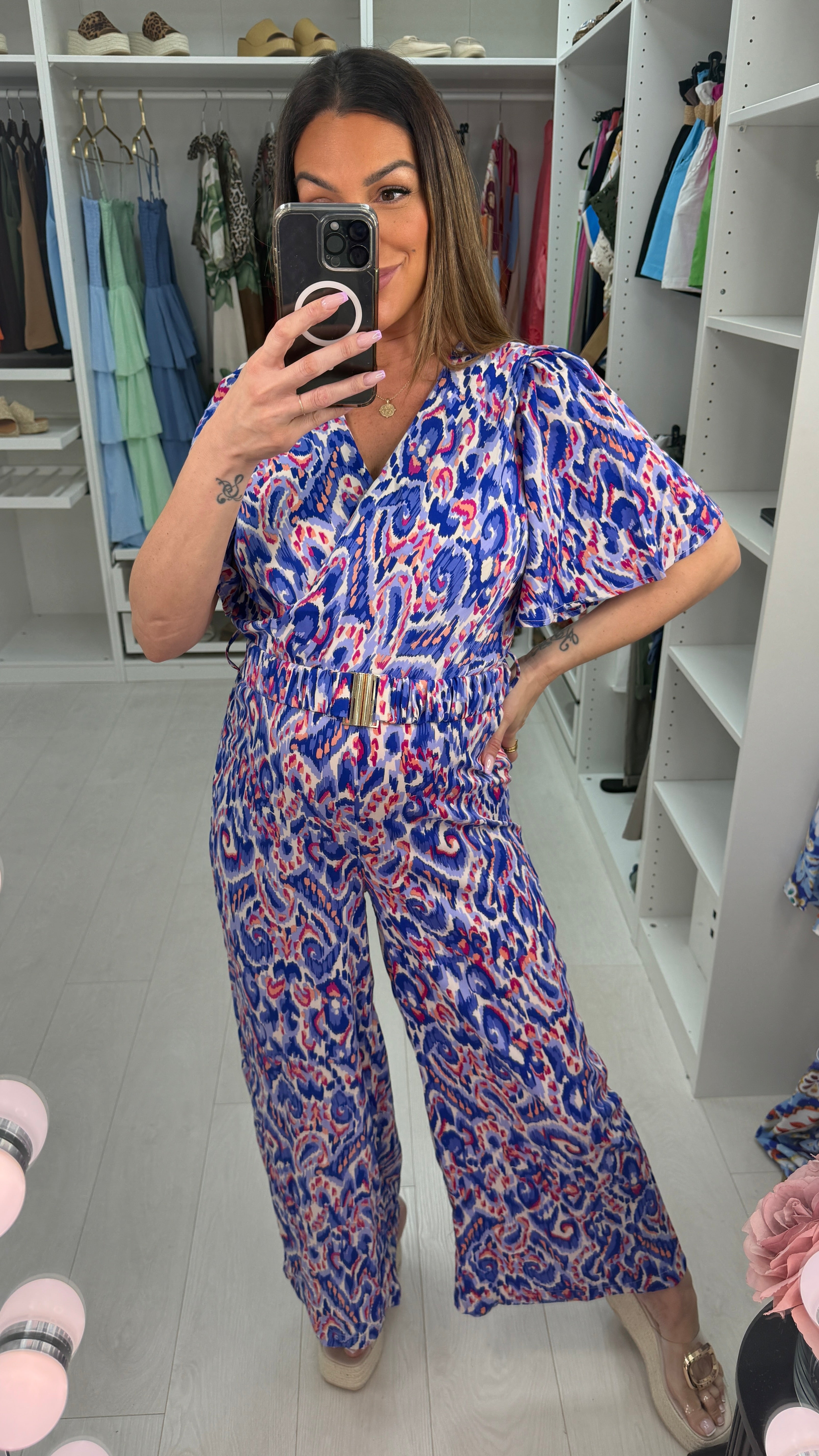 Dakota Floral Print V Neck Wide Leg Belted Jumpsuit