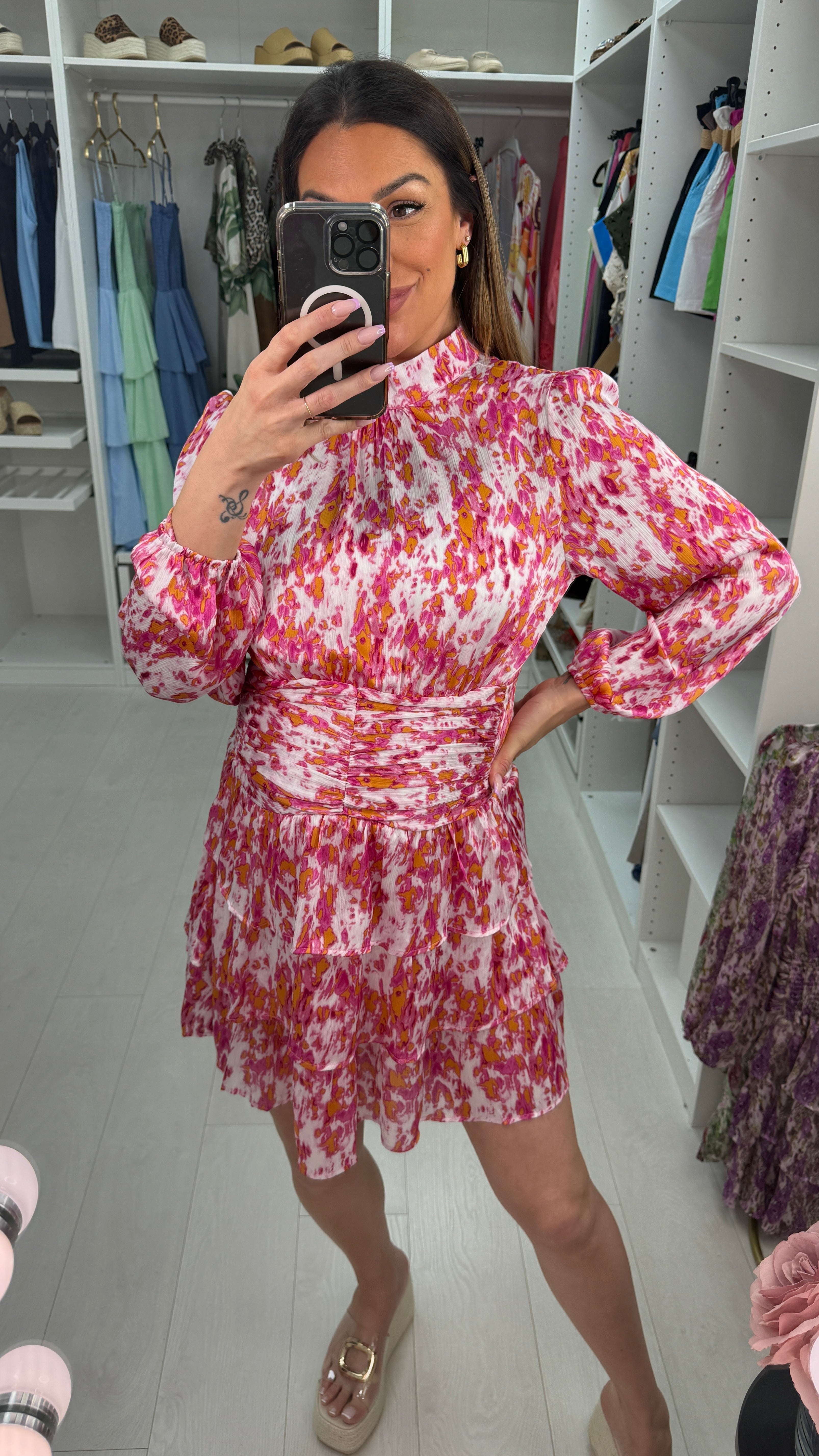 Nixie Abstract Print High Neck Tiered Midi Dress