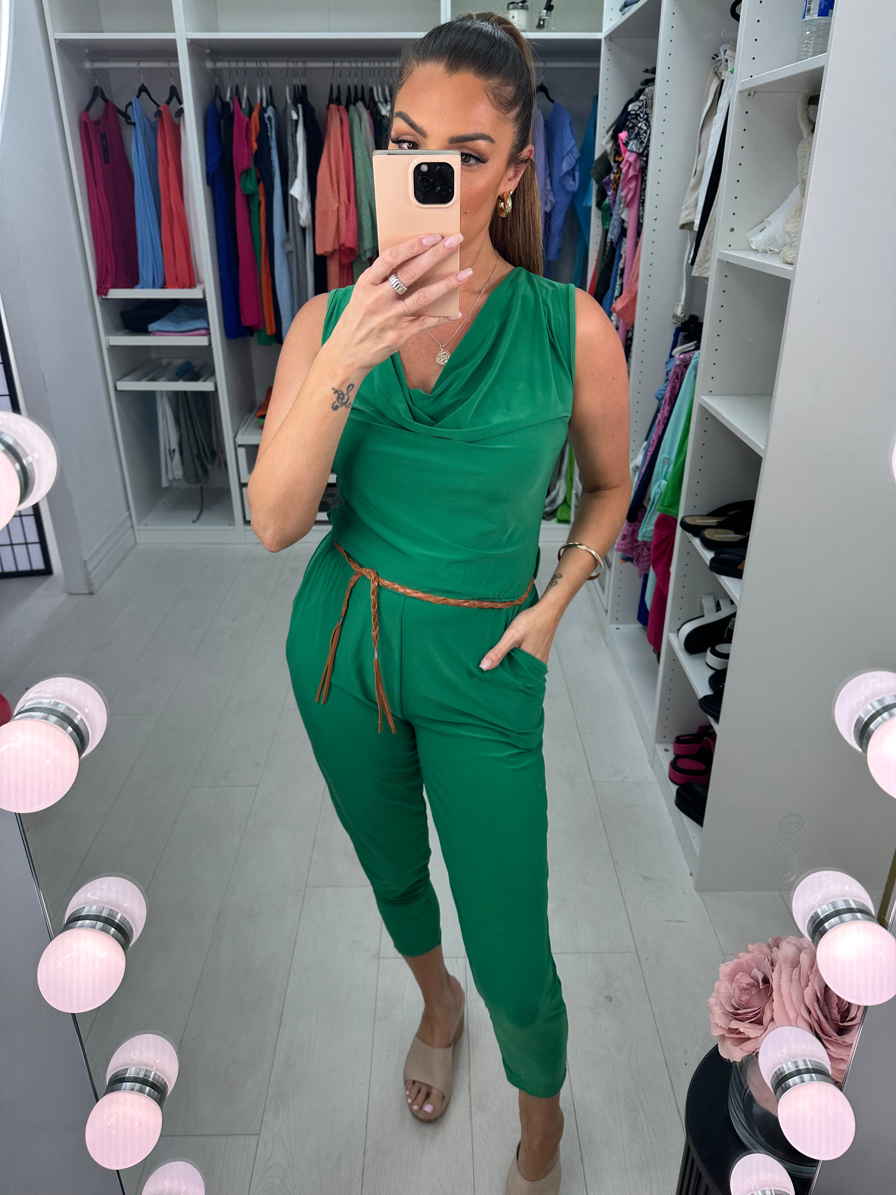 Lunita Stretch Drape Neck Belted Jumpsuit