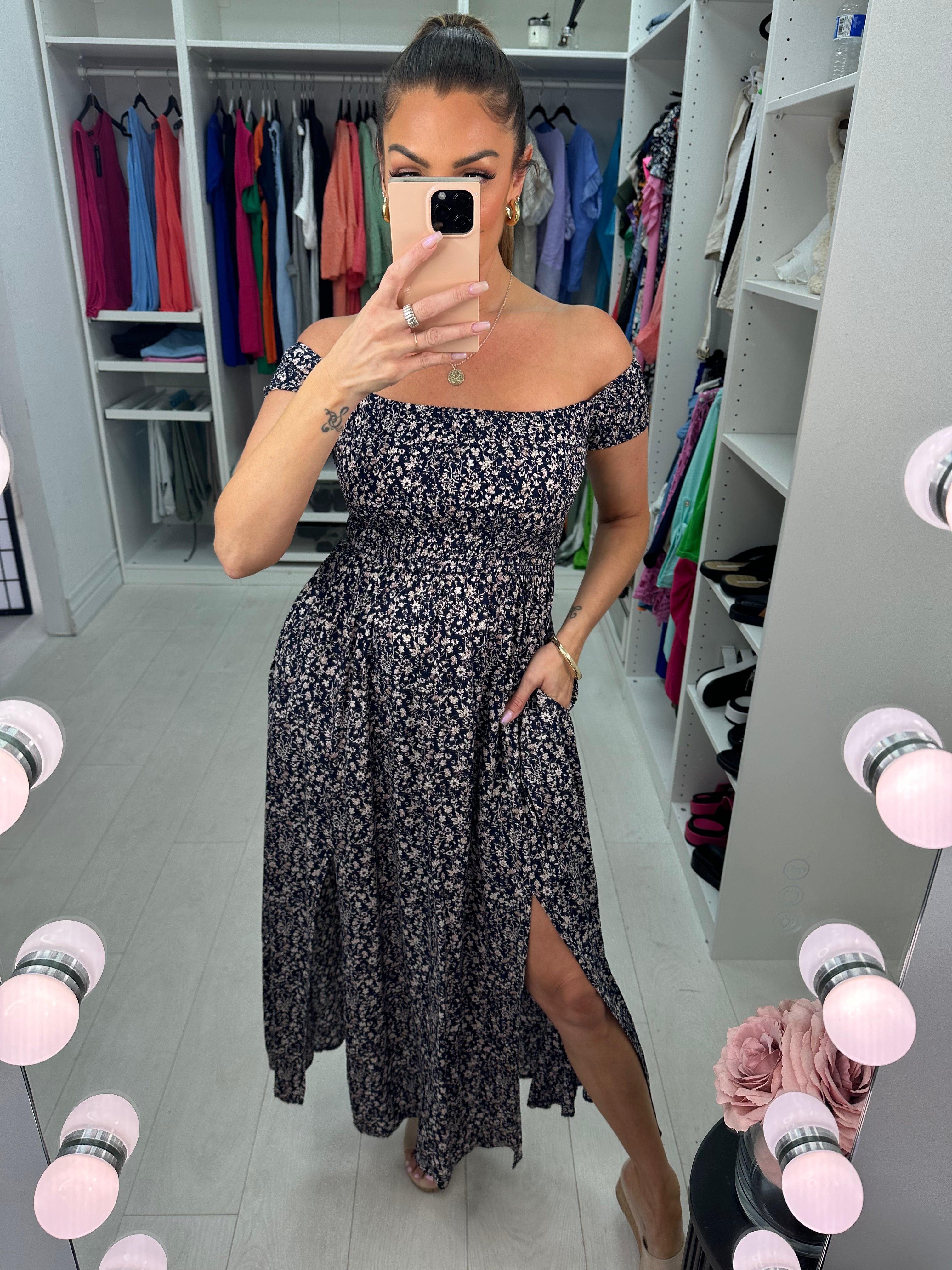 Leonn Navy Floral Bardot Split Maxi Dress