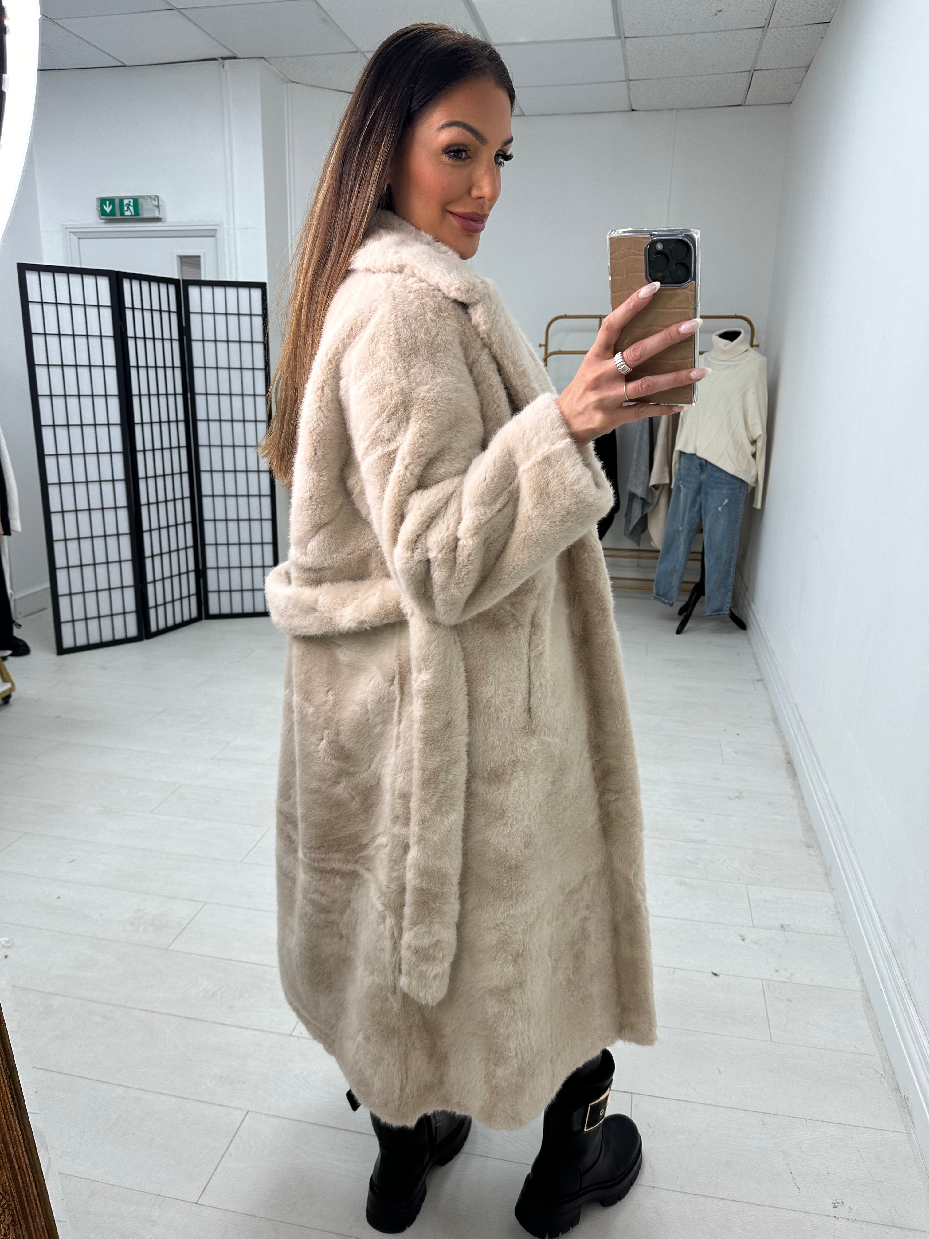 Michelle Faux Fur Belted Long Coat