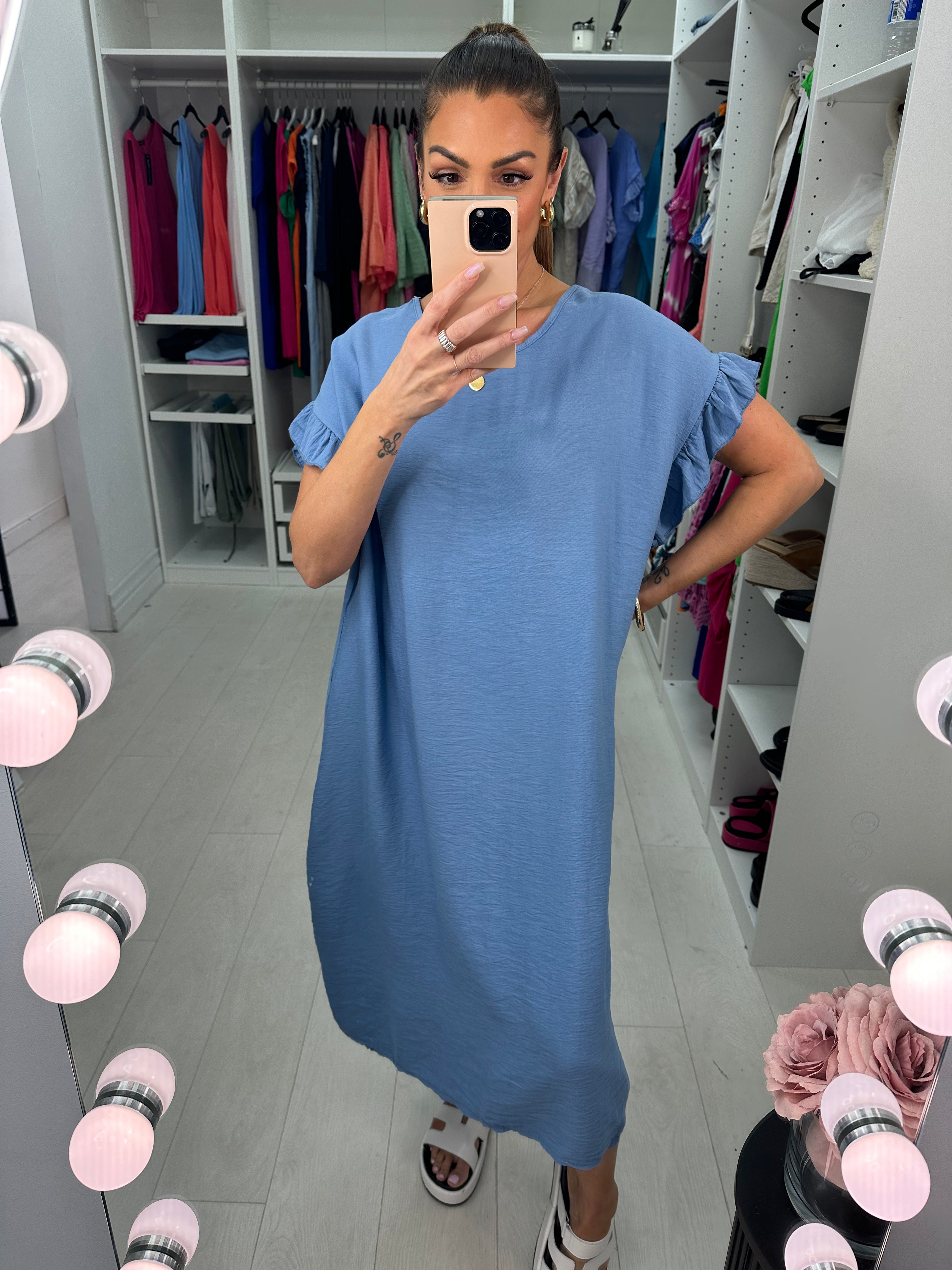 Zambia Crepe Frill Sleeve Midi Dress