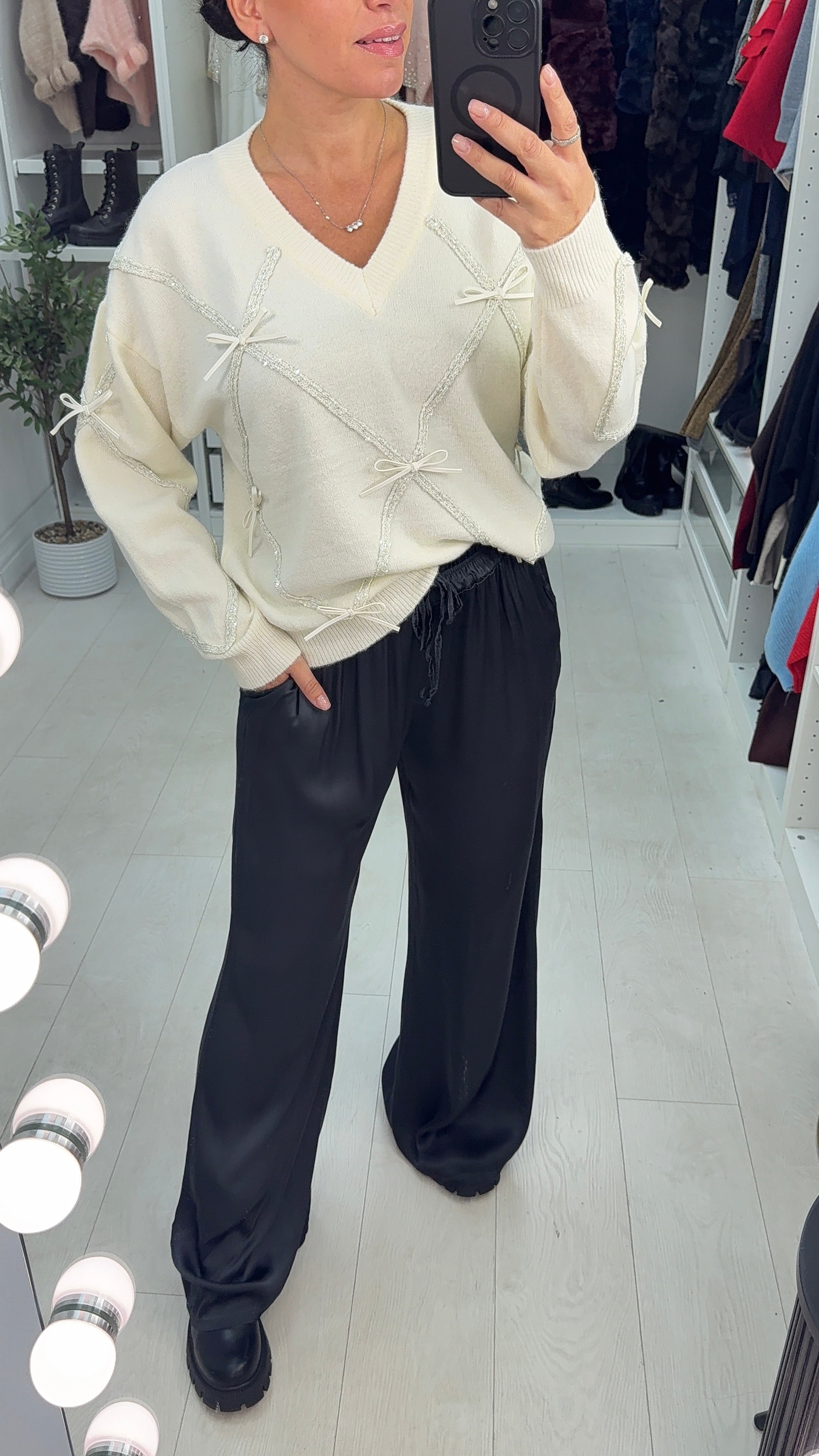 Norie Bow Embellished V Neck Jumper