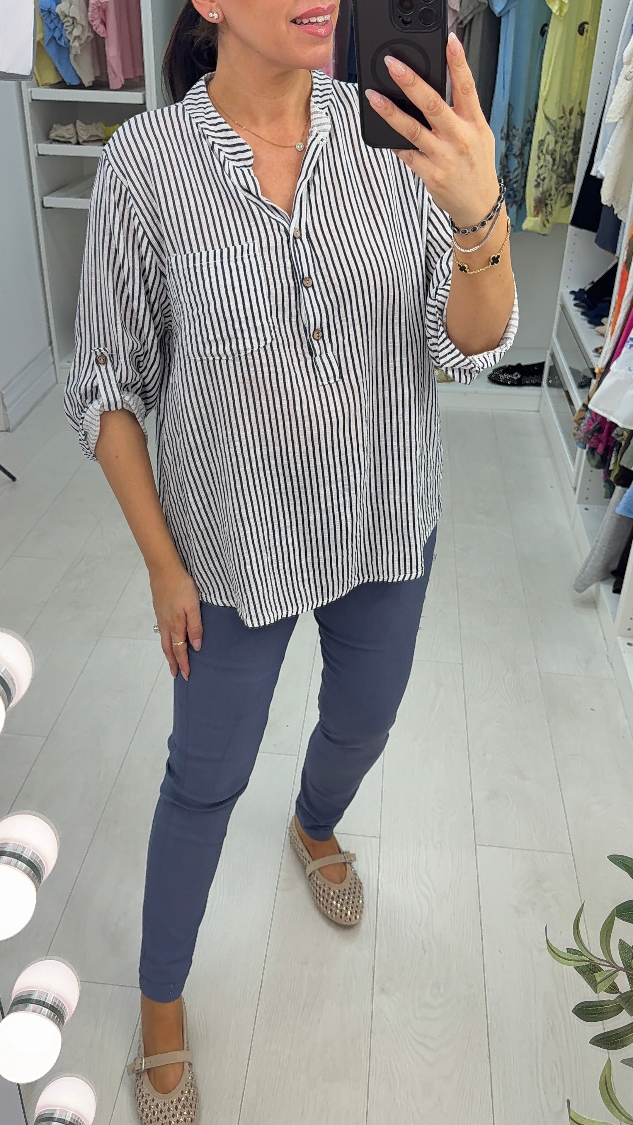 Tilly Striped Button Front V Neck Top