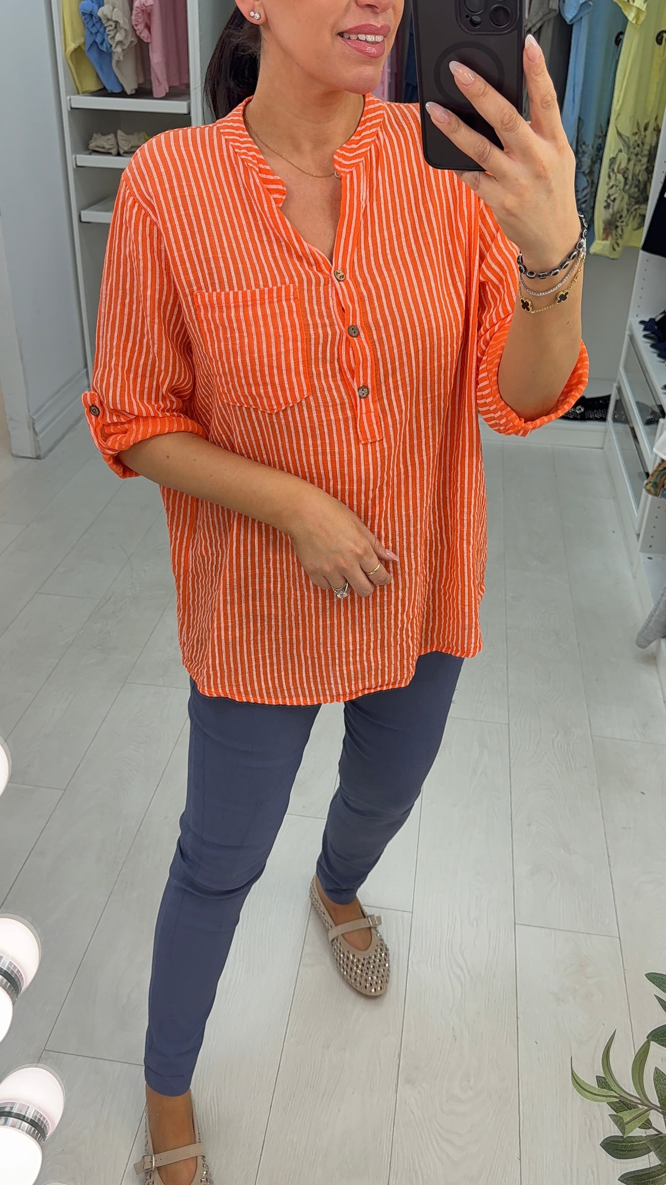 Tilly Striped Button Front V Neck Top