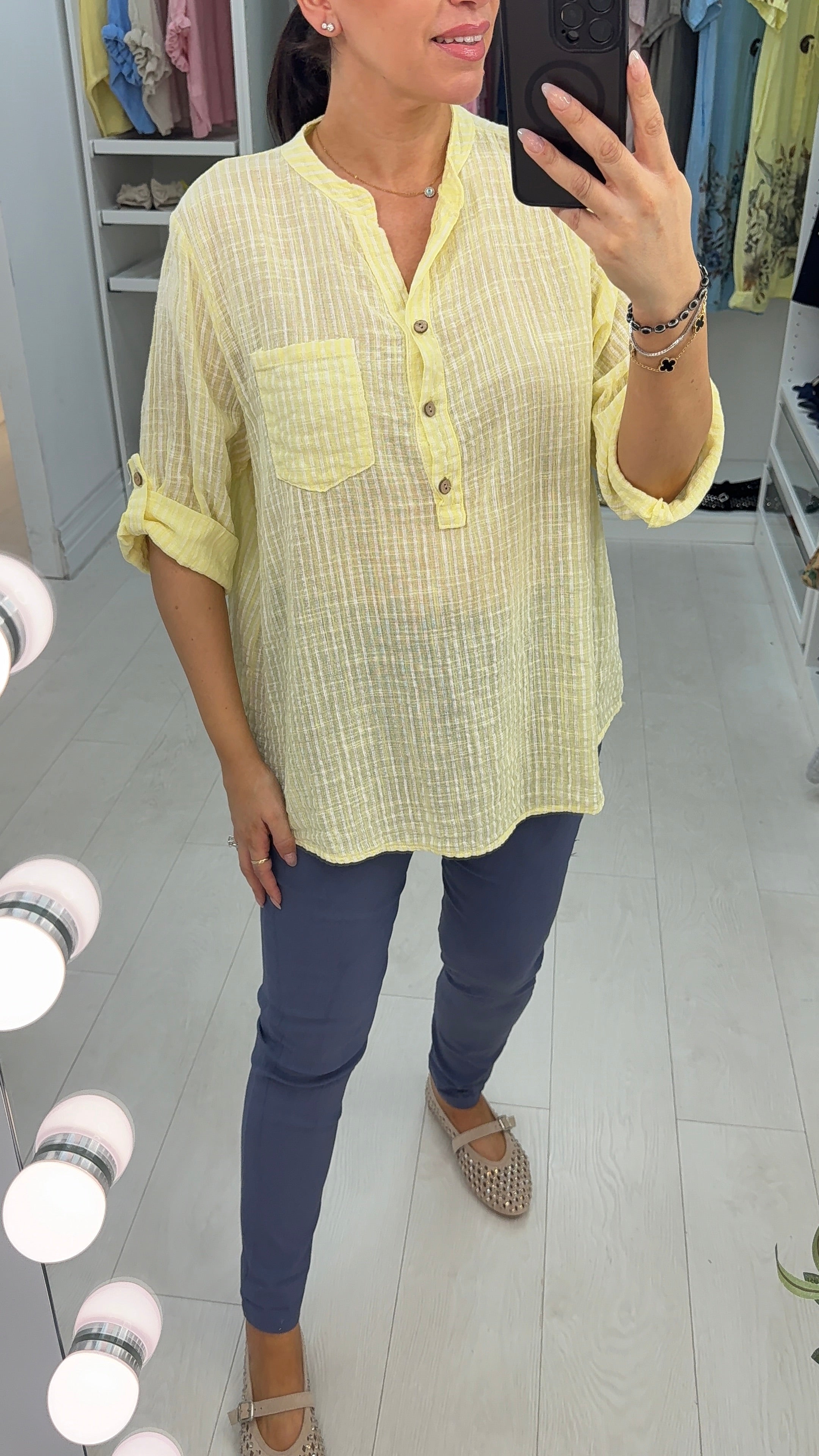 Tilly Striped Button Front V Neck Top