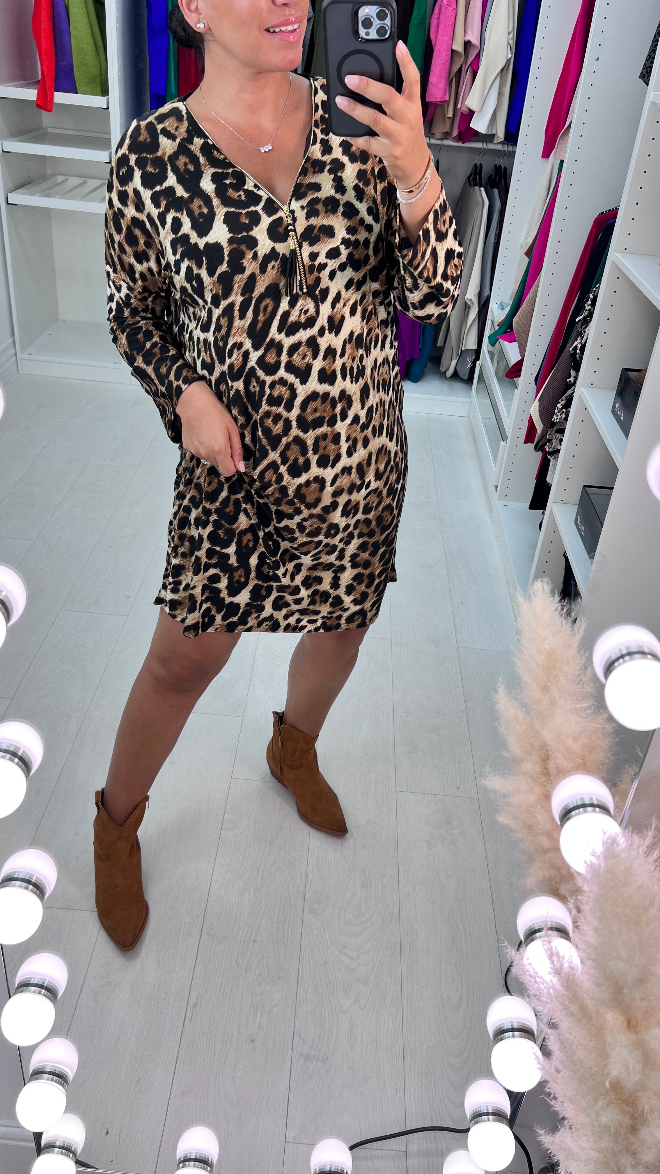 Martita Leopard Print Zip Detail Smock Dress