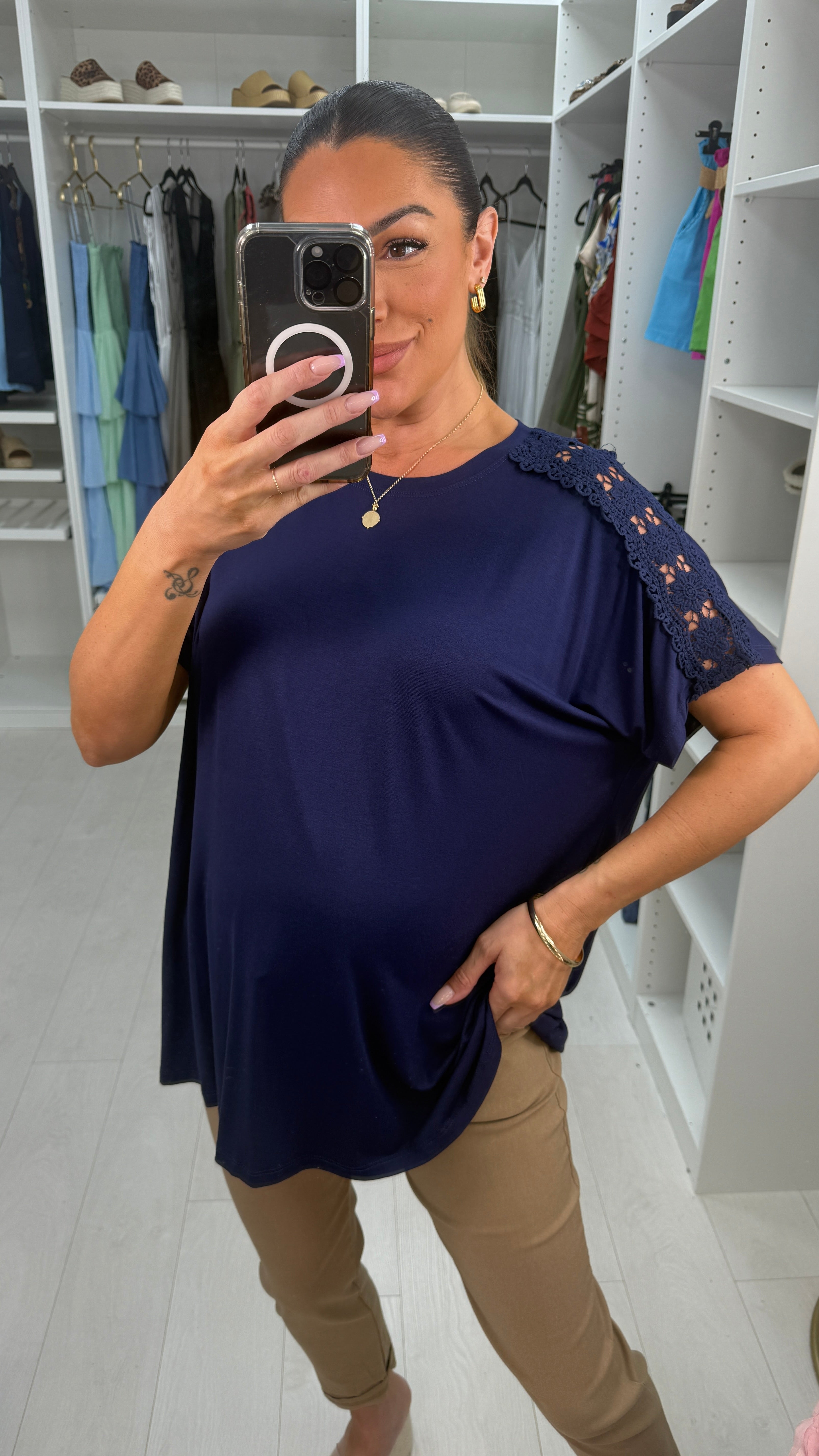 Miley Plain Floral Crochet Detailed T-Shirt