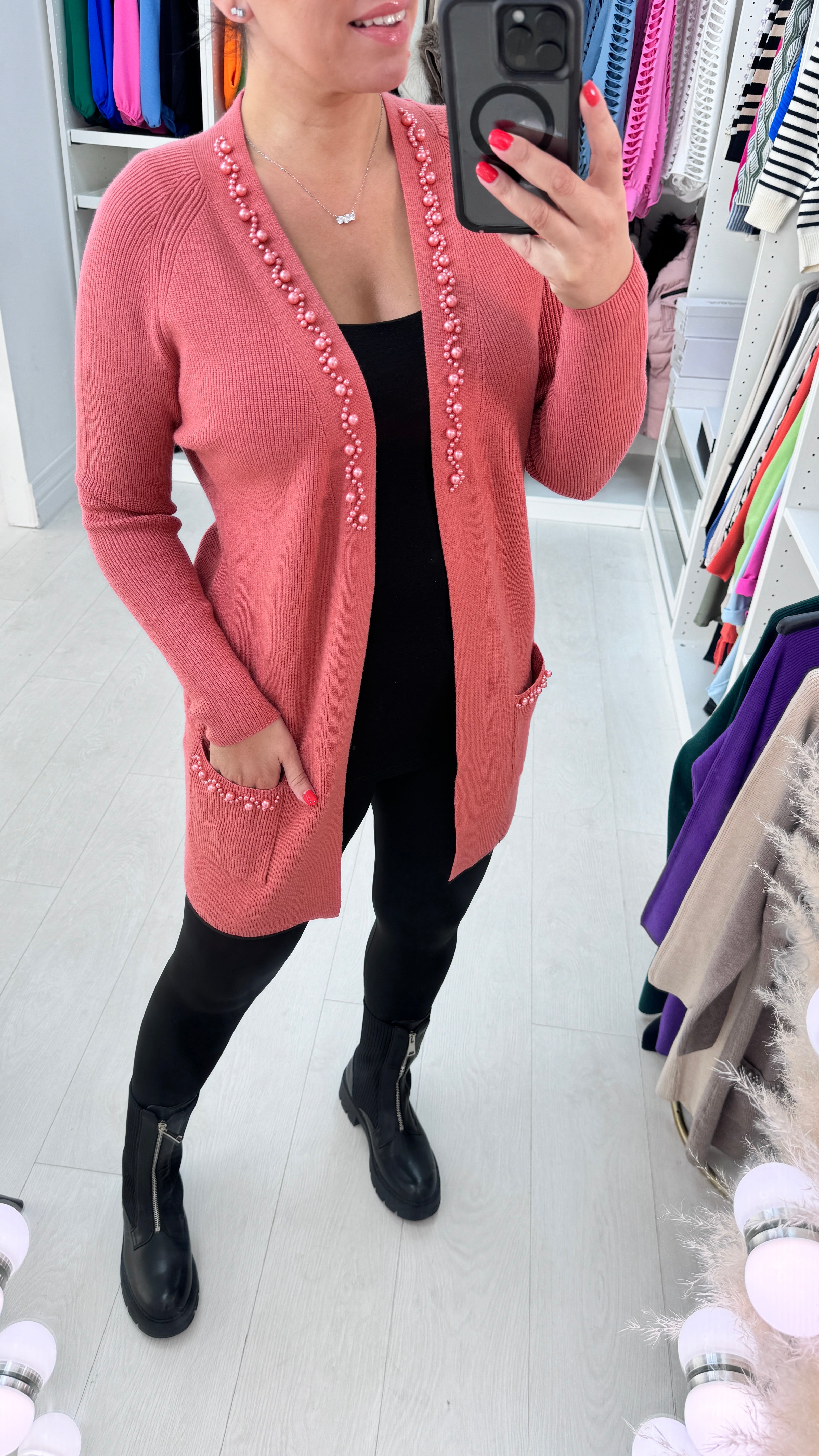 Zahara Longline Pearl Stone Detail Cardigan