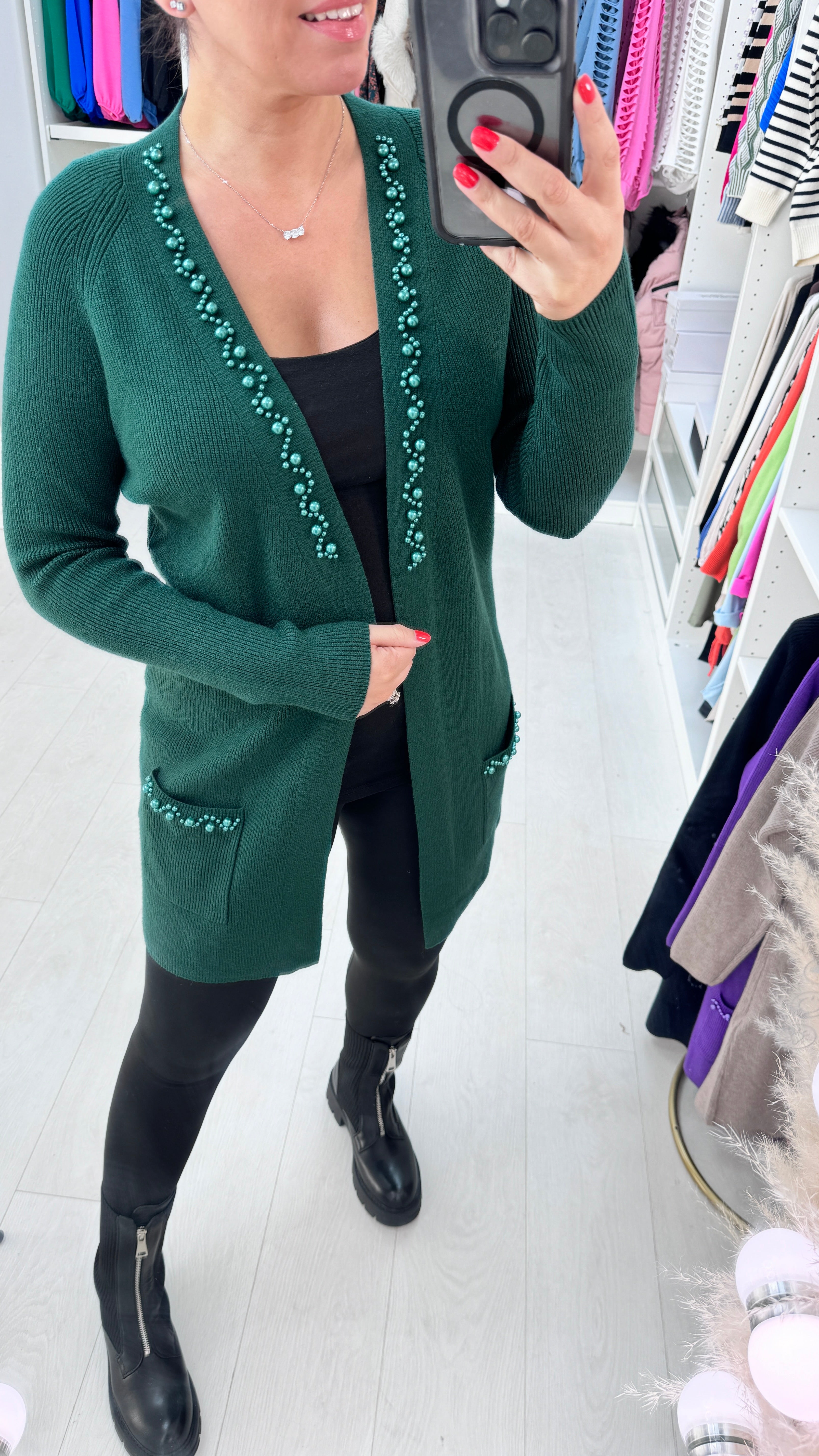 Zahara Longline Pearl Stone Detail Cardigan