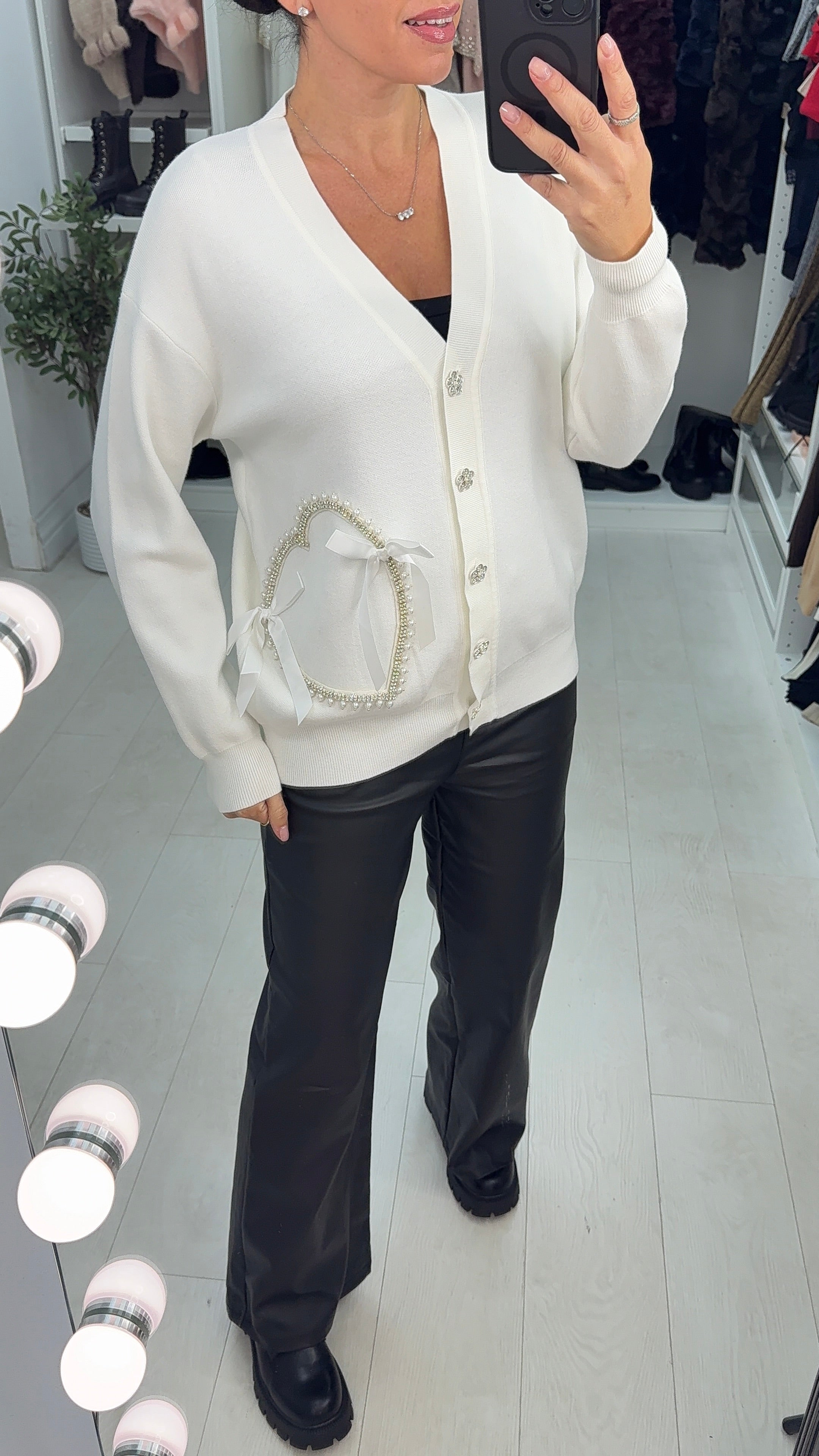 Elliana Embellished Heart V Neck Cardigan