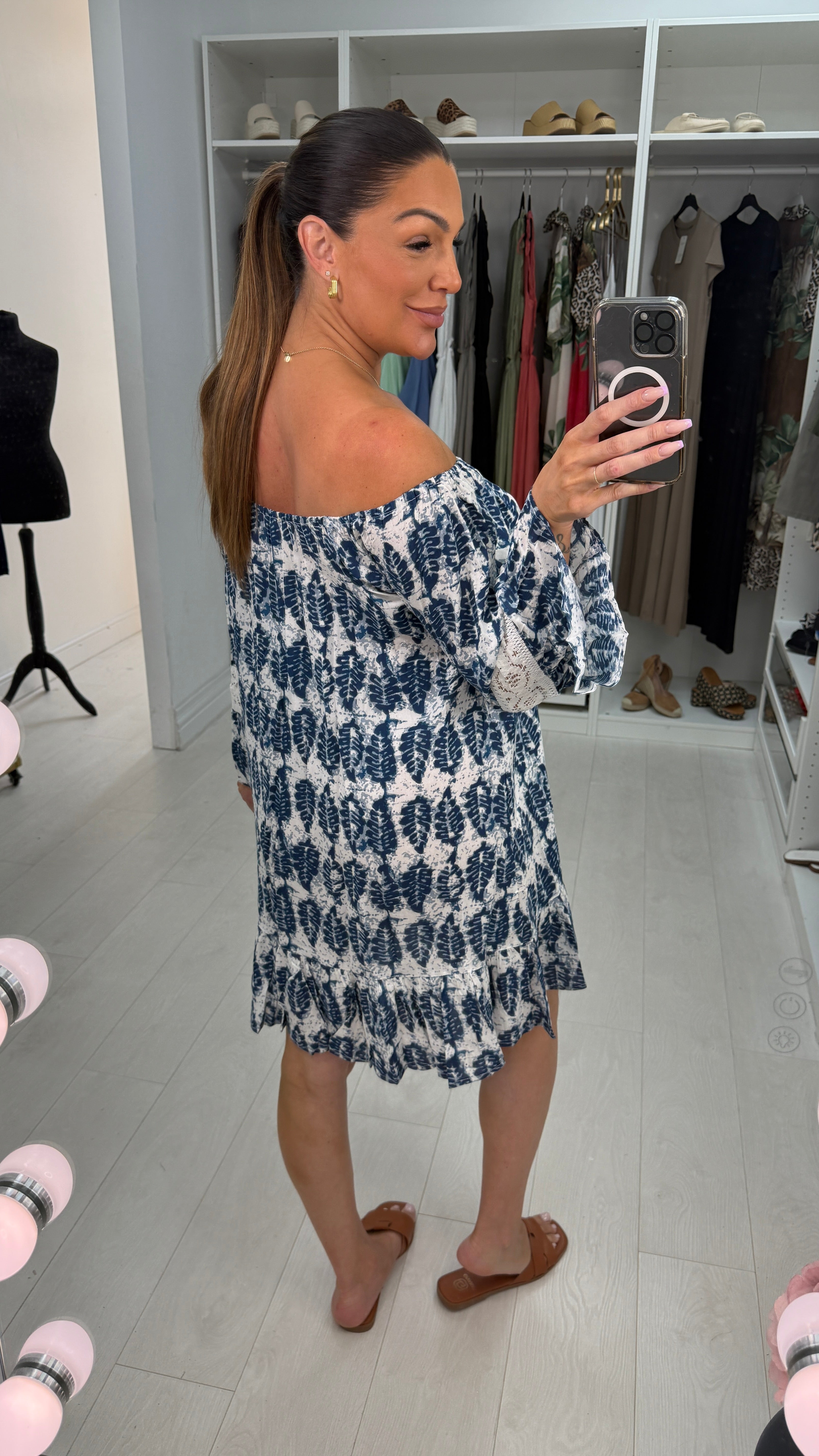 Yasmine Abstract Print Loose Fit Bardot Midi Dress