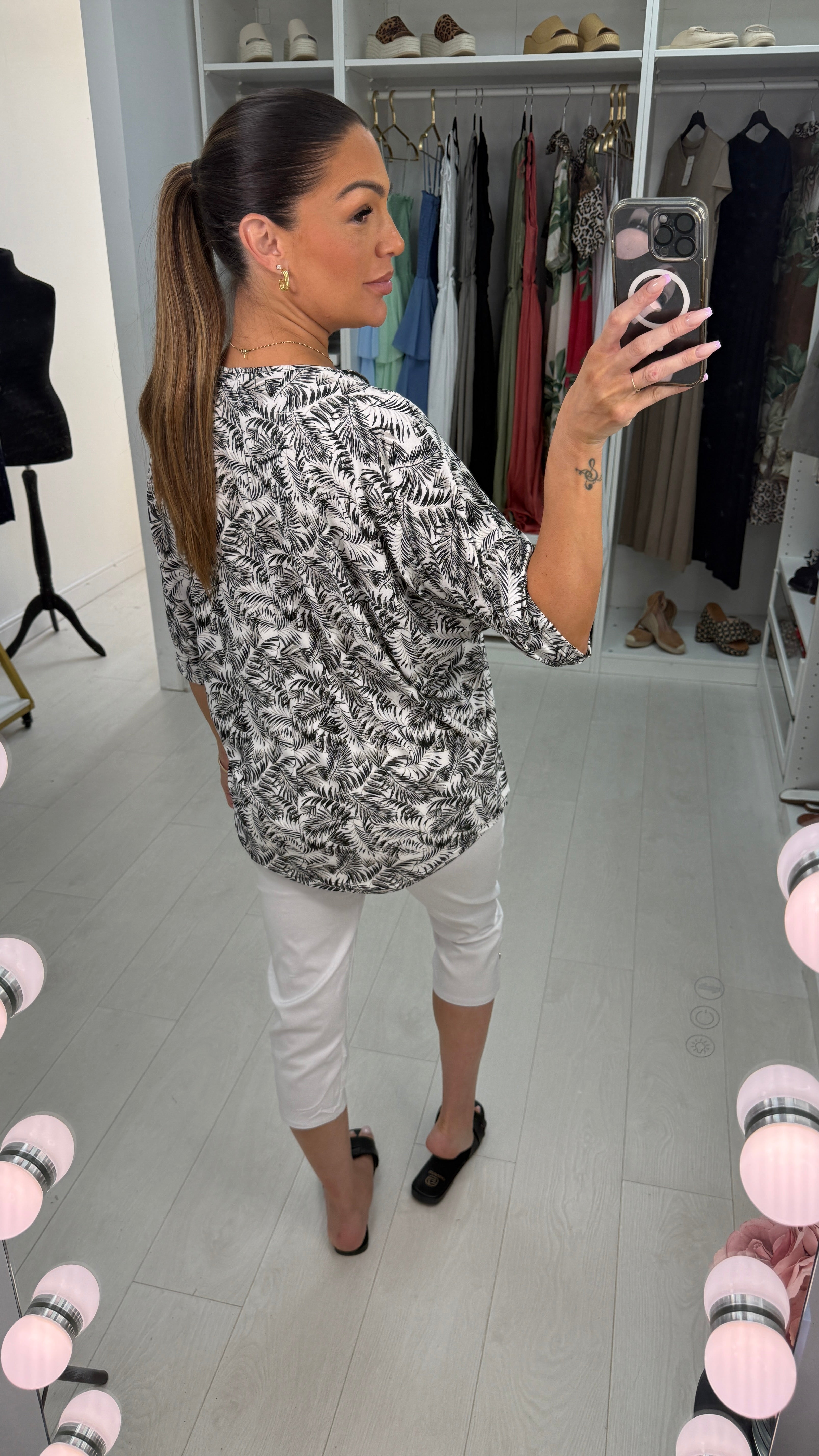 Zaylea Leaf Print Loose Fit Zip Front Top