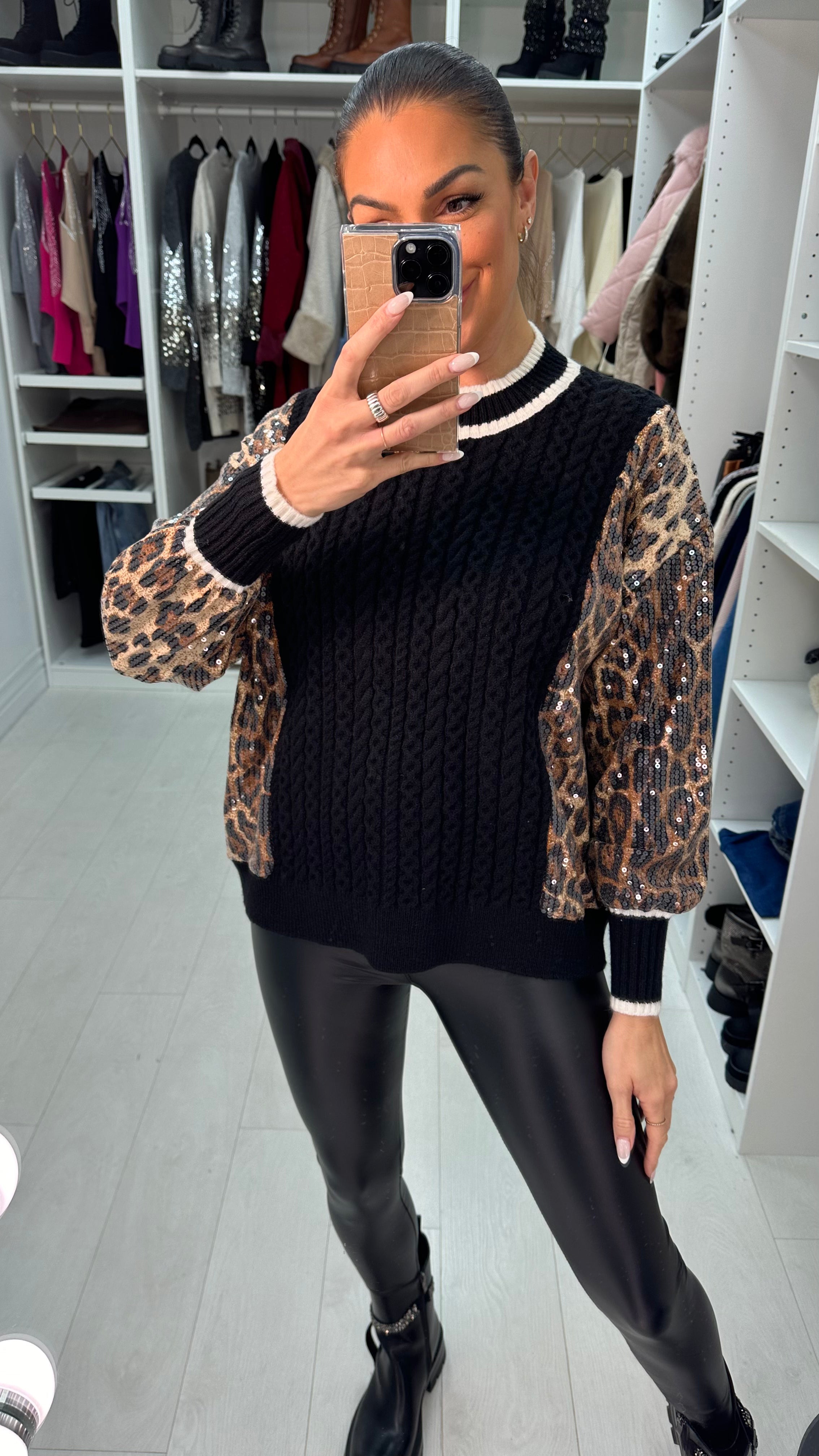 Blanca Sequin Leopard Detail Cable Knit Jumper