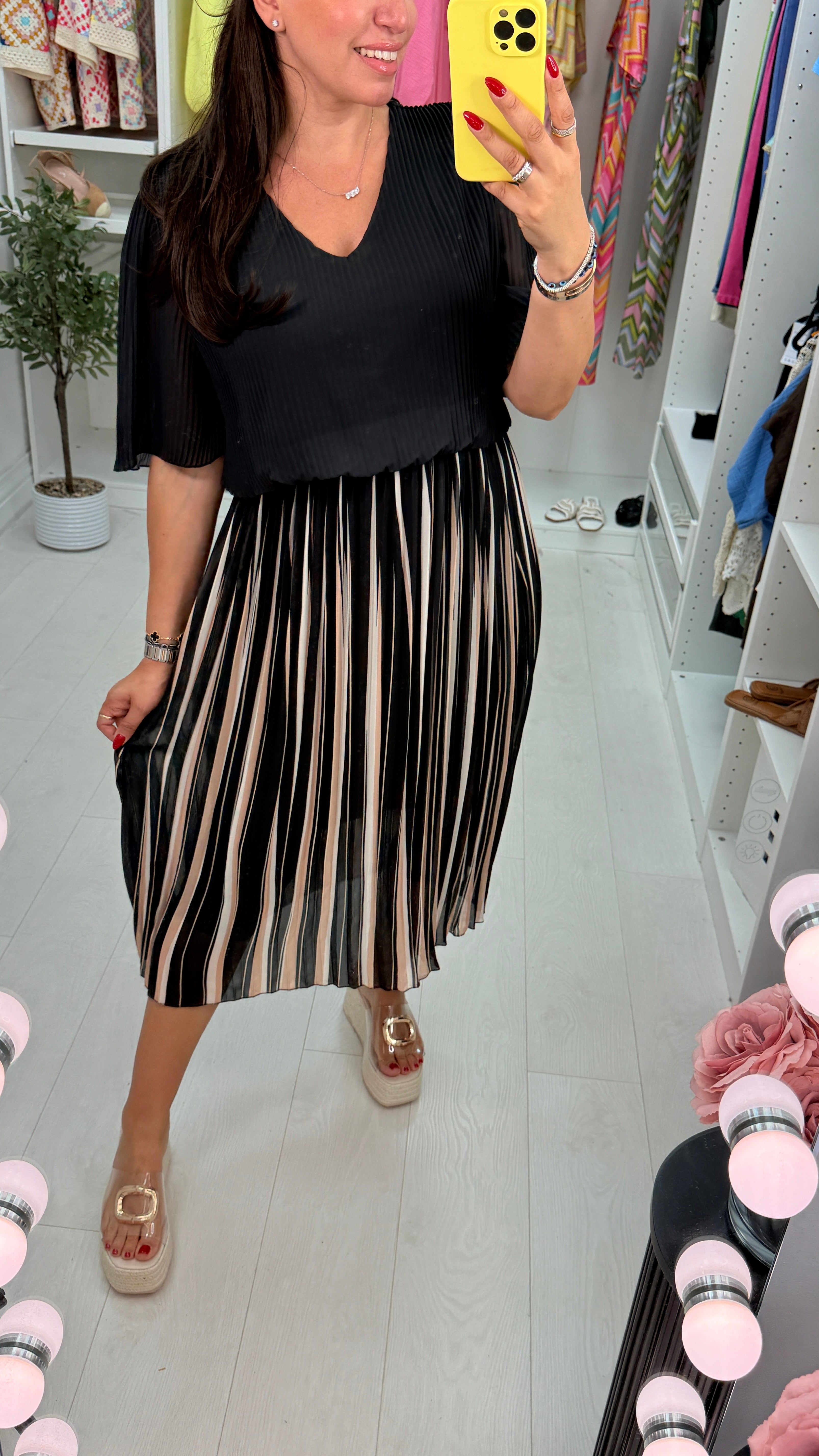 Rachella Striped Pleated Loose Fit Midi Dress