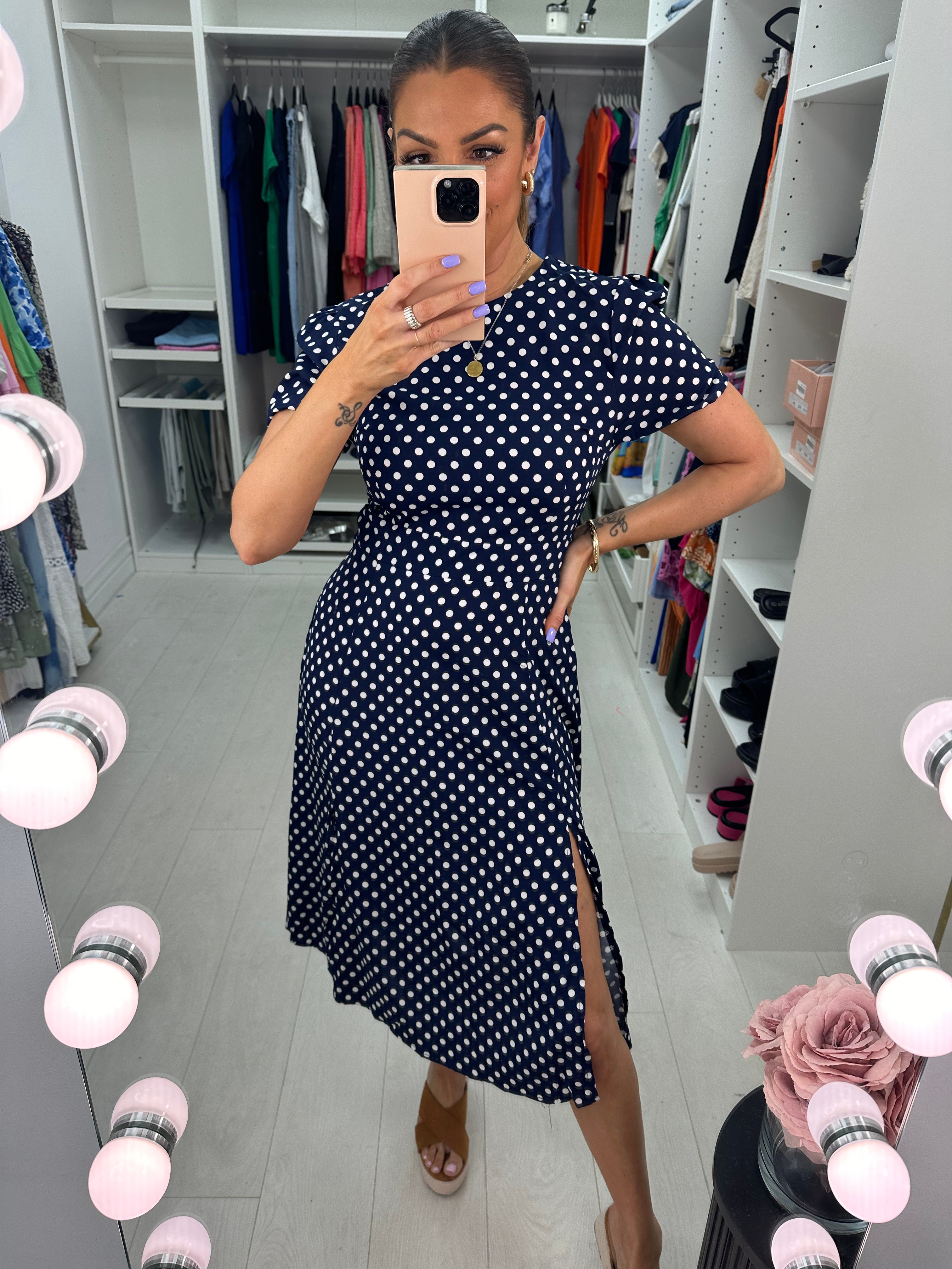 Gallia Navy Polka Dot Split Shift Dress