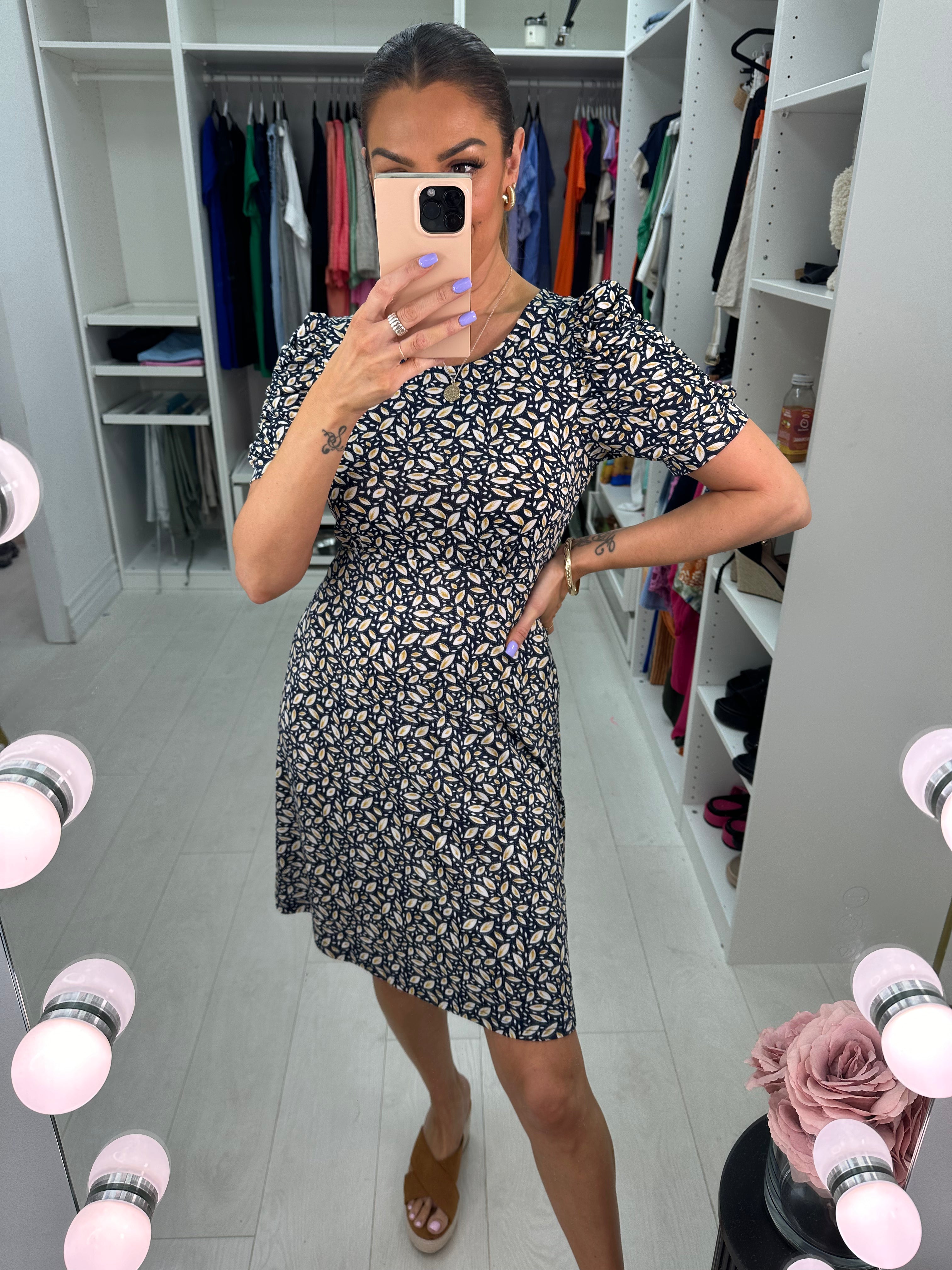 Ellia Navy Leaf Print Puff Sleeve Swing Dress