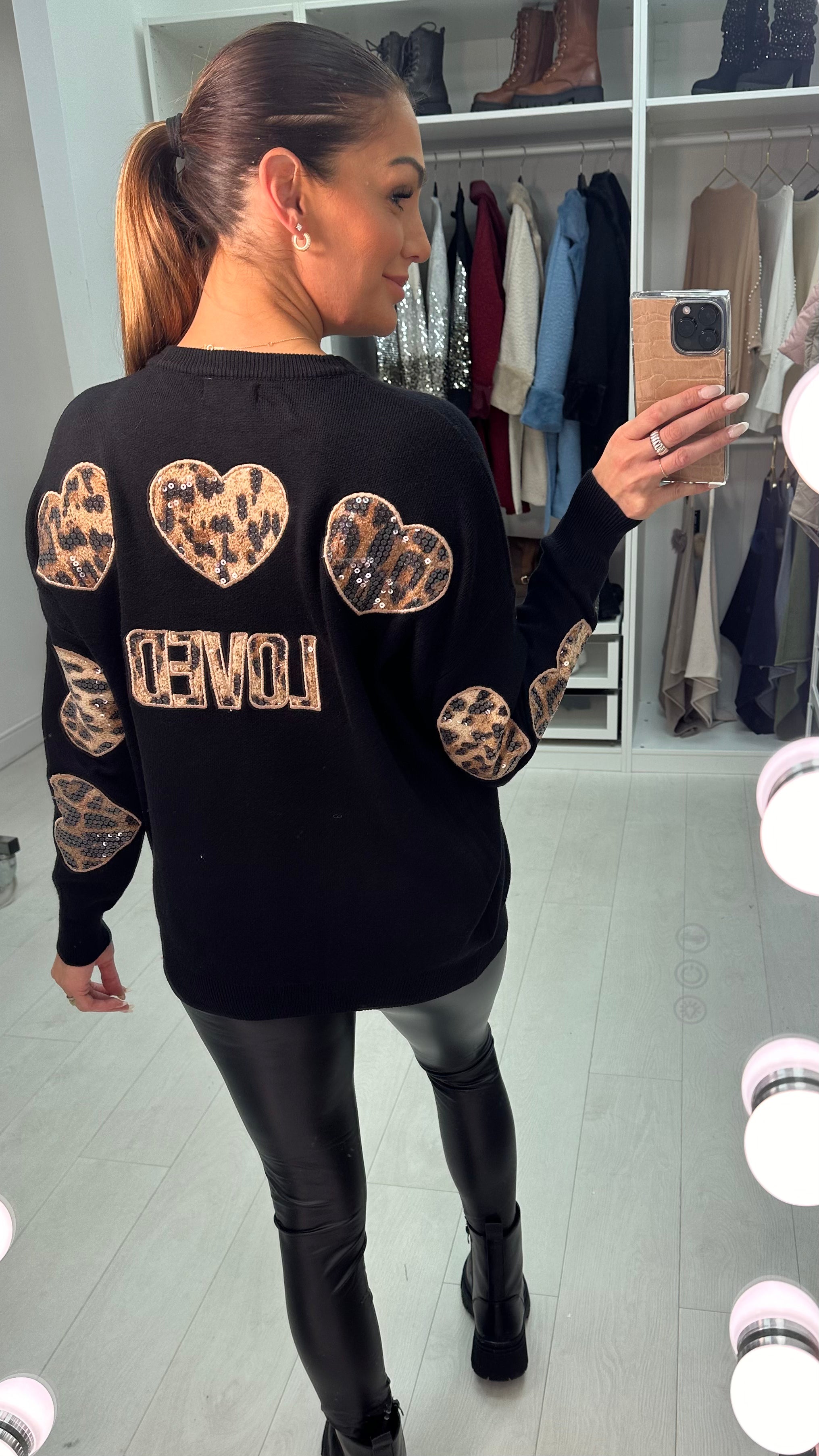 Zaviera Leopard Sequin Heart Knit Jumper