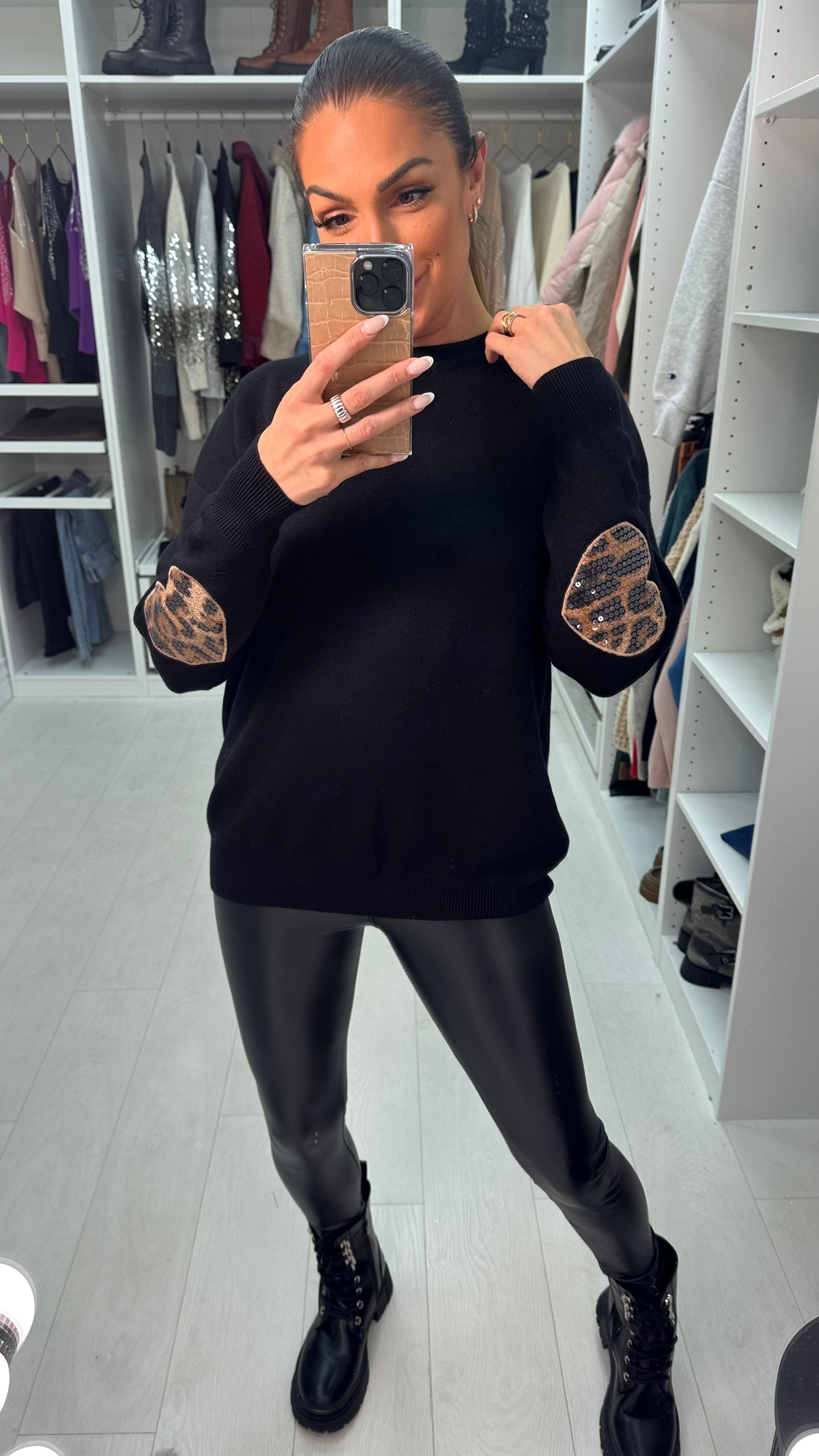 Zaviera Leopard Sequin Heart Knit Jumper