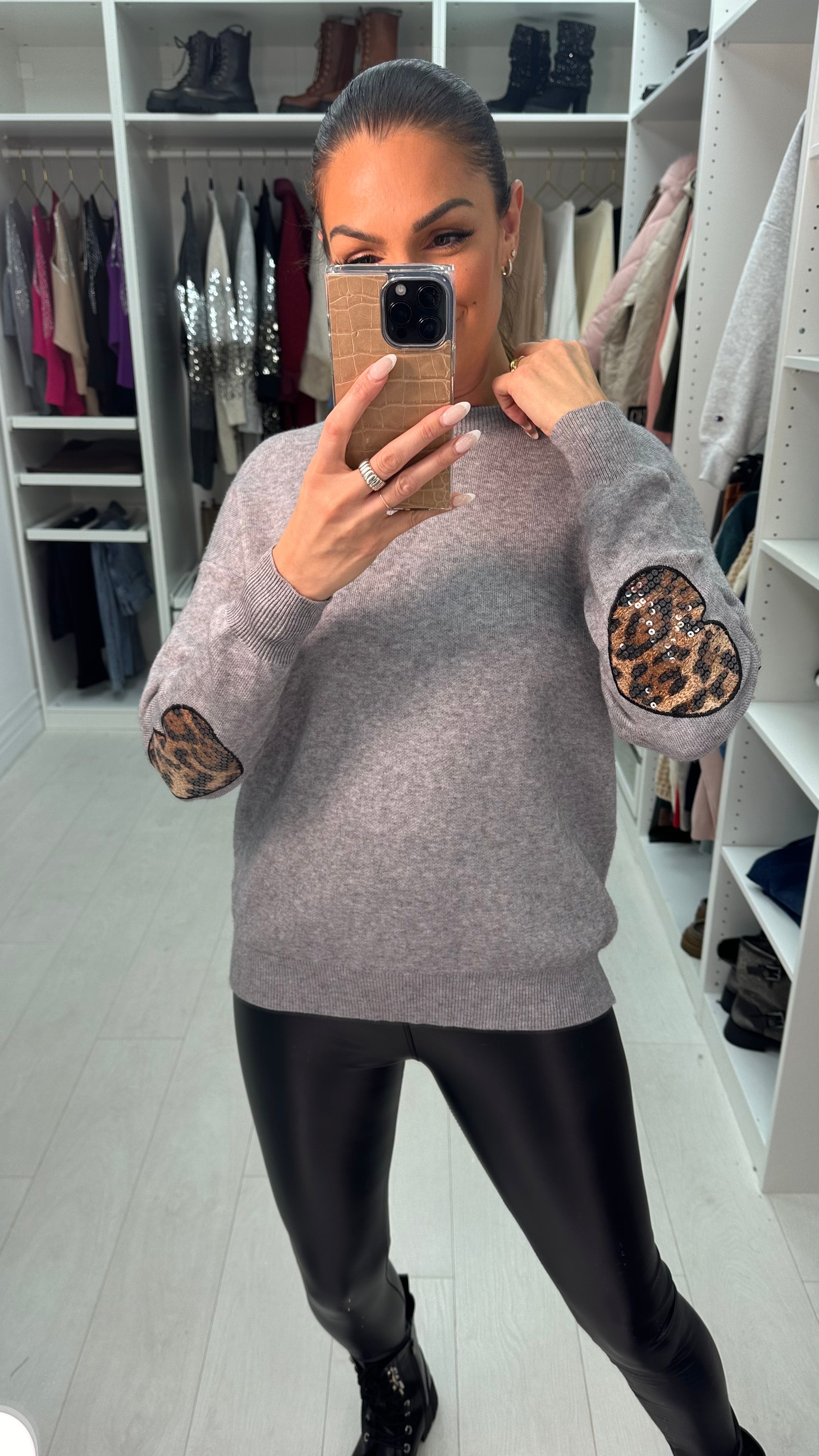 Zaviera Leopard Sequin Heart Knit Jumper